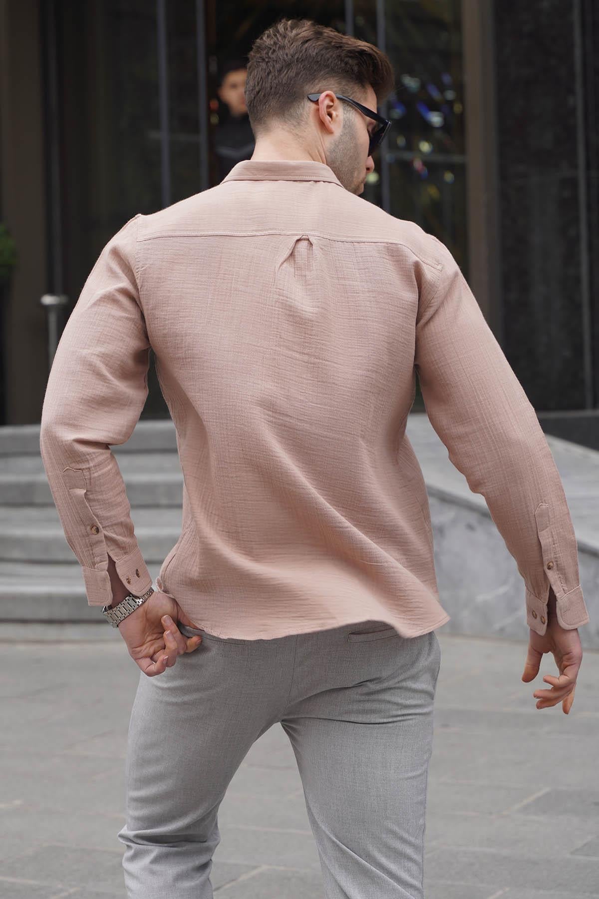 Bej Relaxed Fit Müslin Kumaş Erkek Gömlek 5587