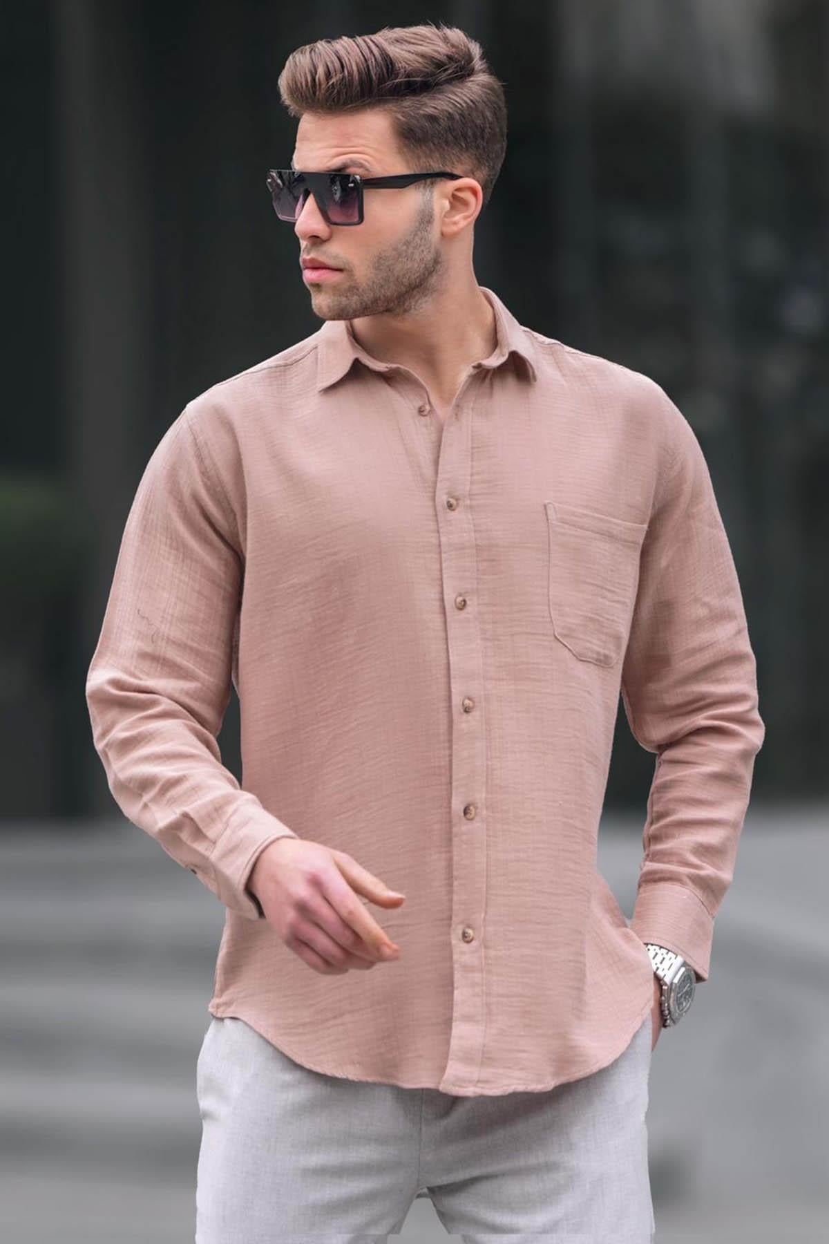 Bej Relaxed Fit Müslin Kumaş Erkek Gömlek 5587
