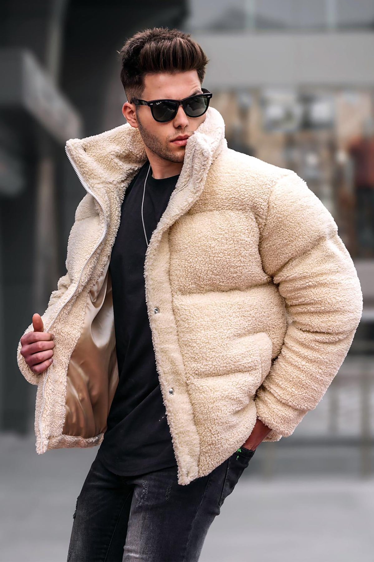 Bej Şişme Peluş Erkek Mont 5698