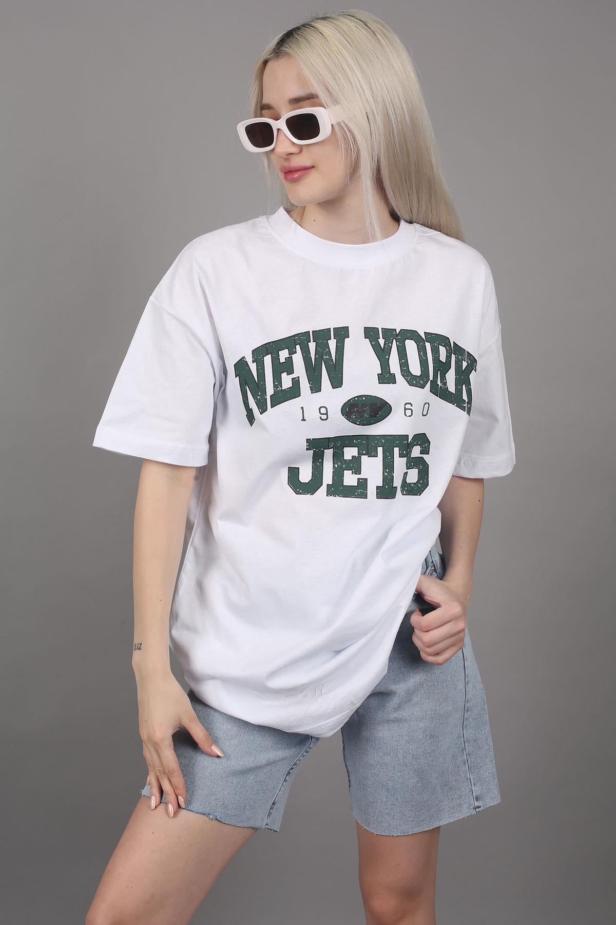 Beyaz Baskılı Oversize Kadın Tişört MG1226