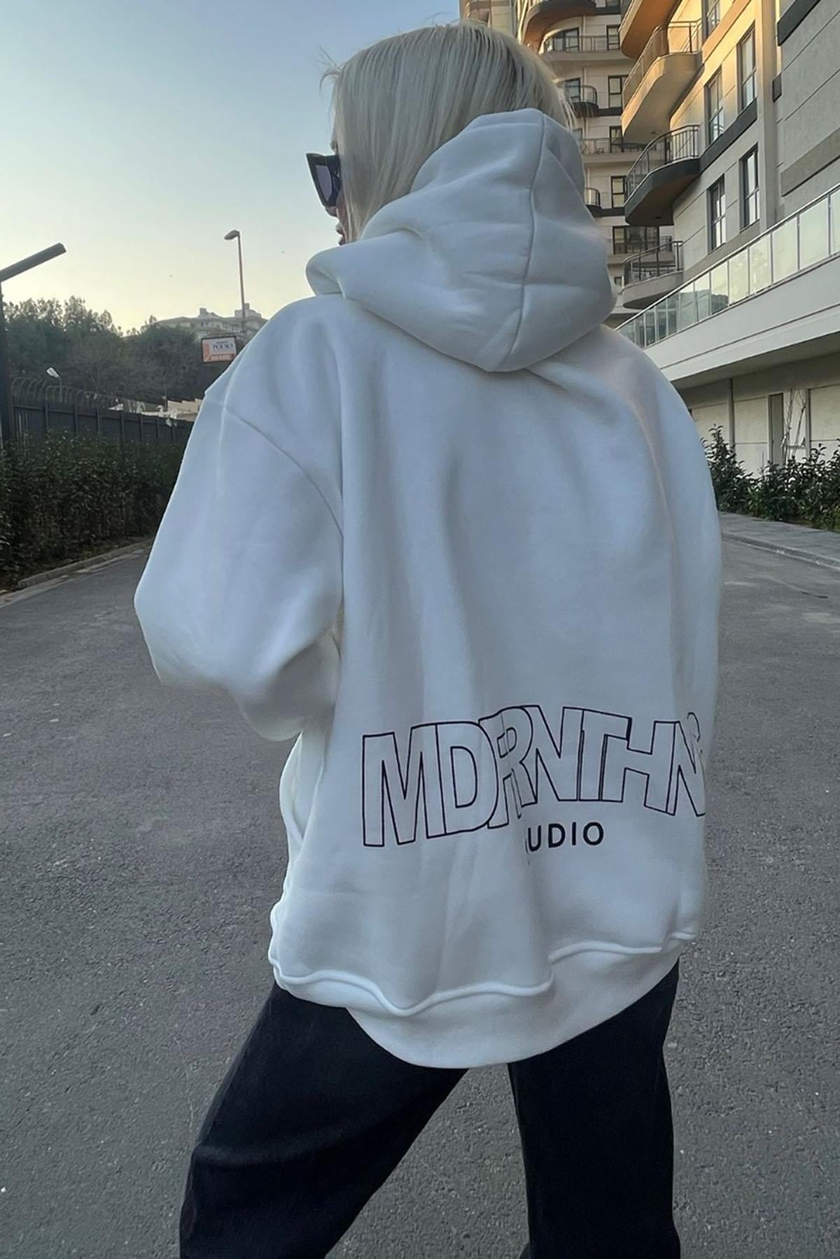 Beyaz Baskılı Oversize Sweatshirt MG1287