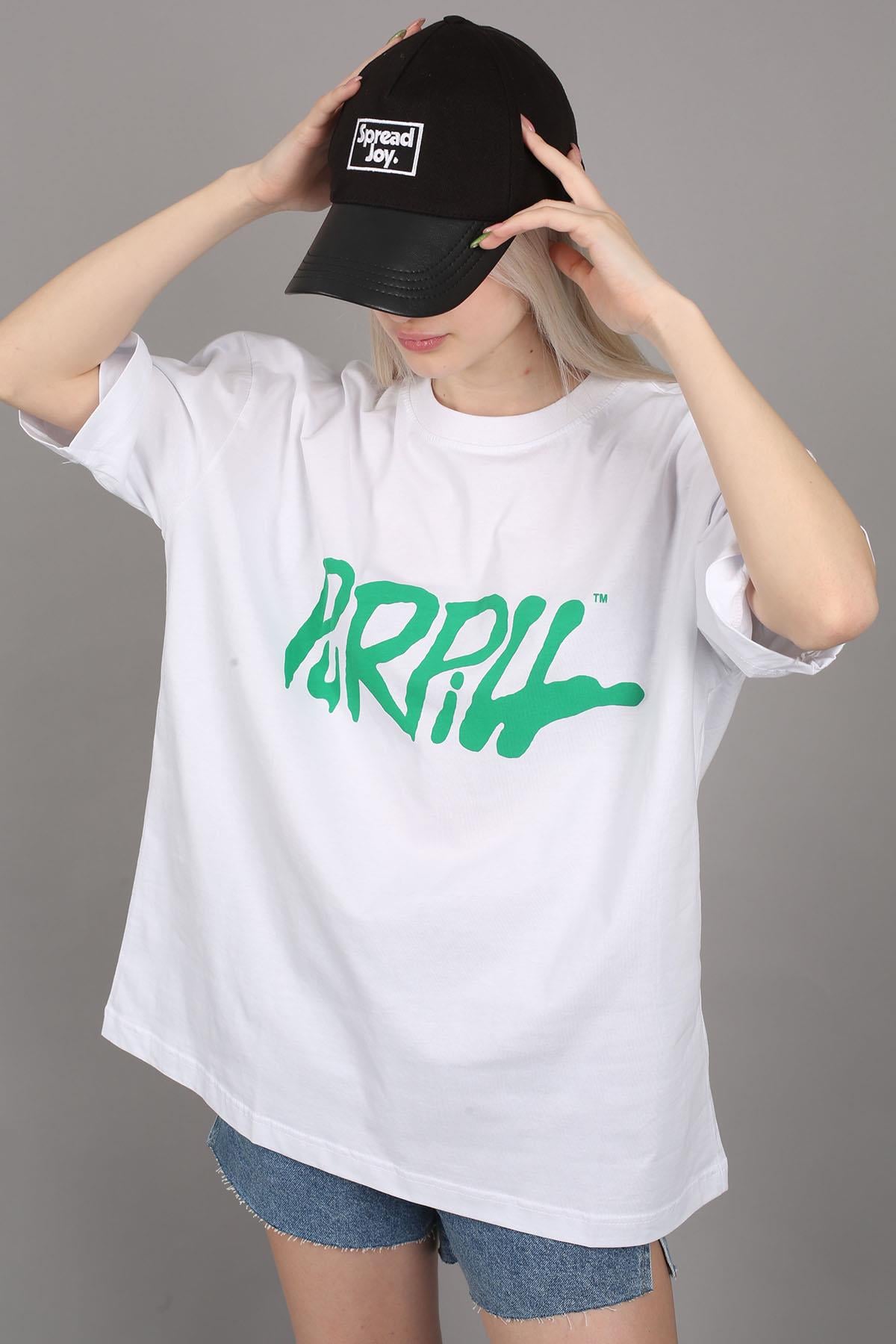 Beyaz Baskılı Oversize Tişört MG1490