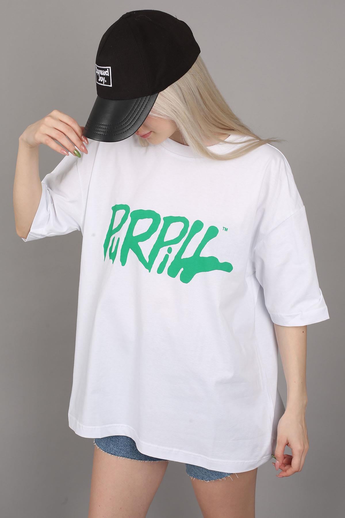 Beyaz Baskılı Oversize Tişört MG1490