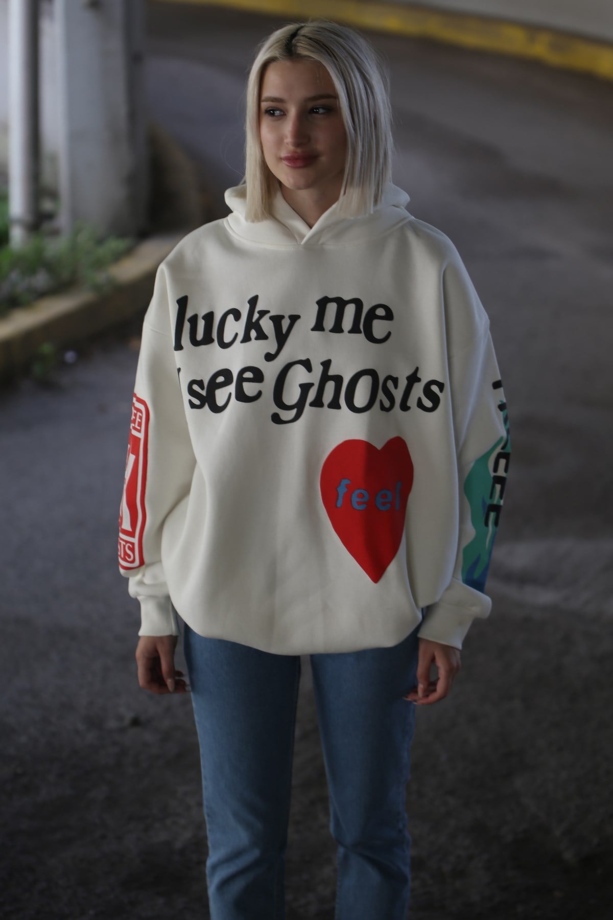 Mad Girls Beyaz Baskılı Oversize Sweatshirt MG903