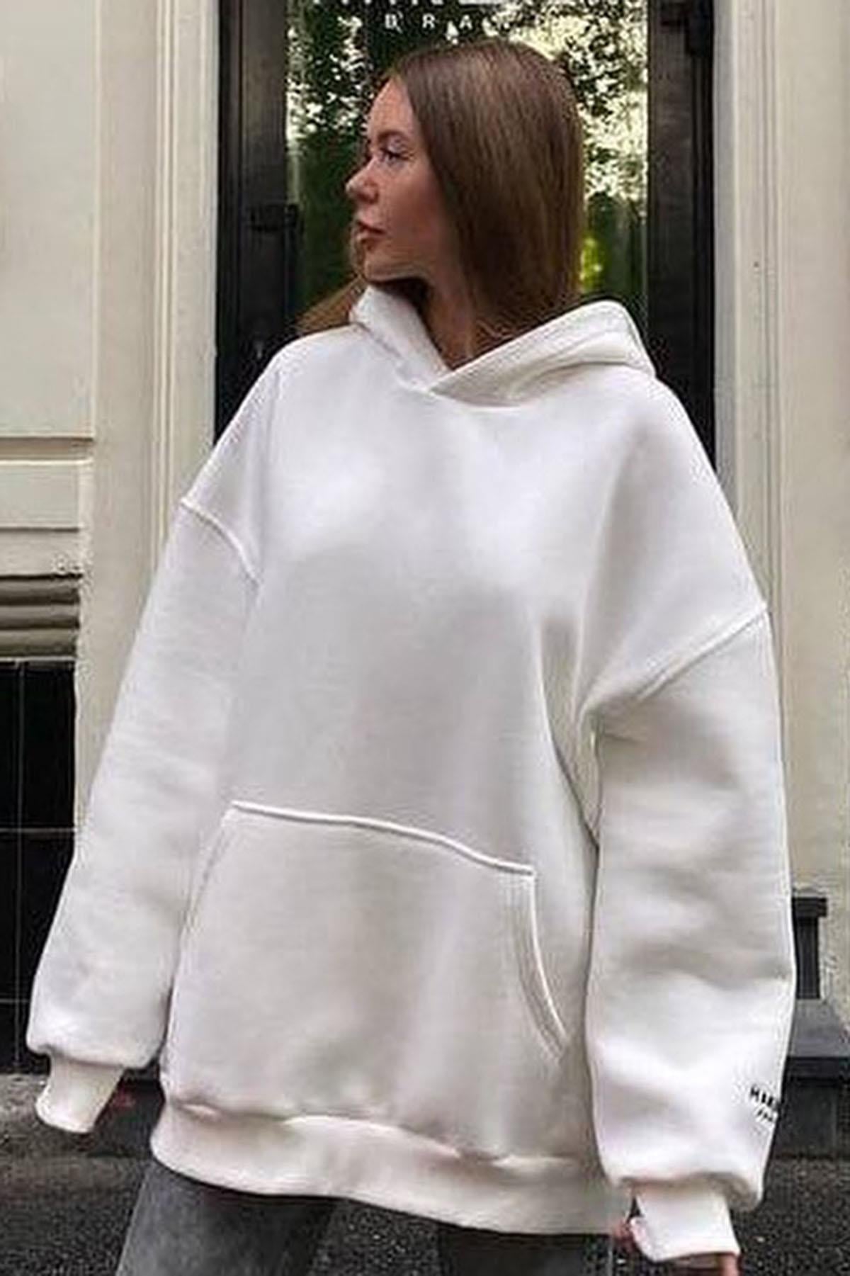 Beyaz Kapüşonlu Şardonlu Oversize Sweatshirt MG1566