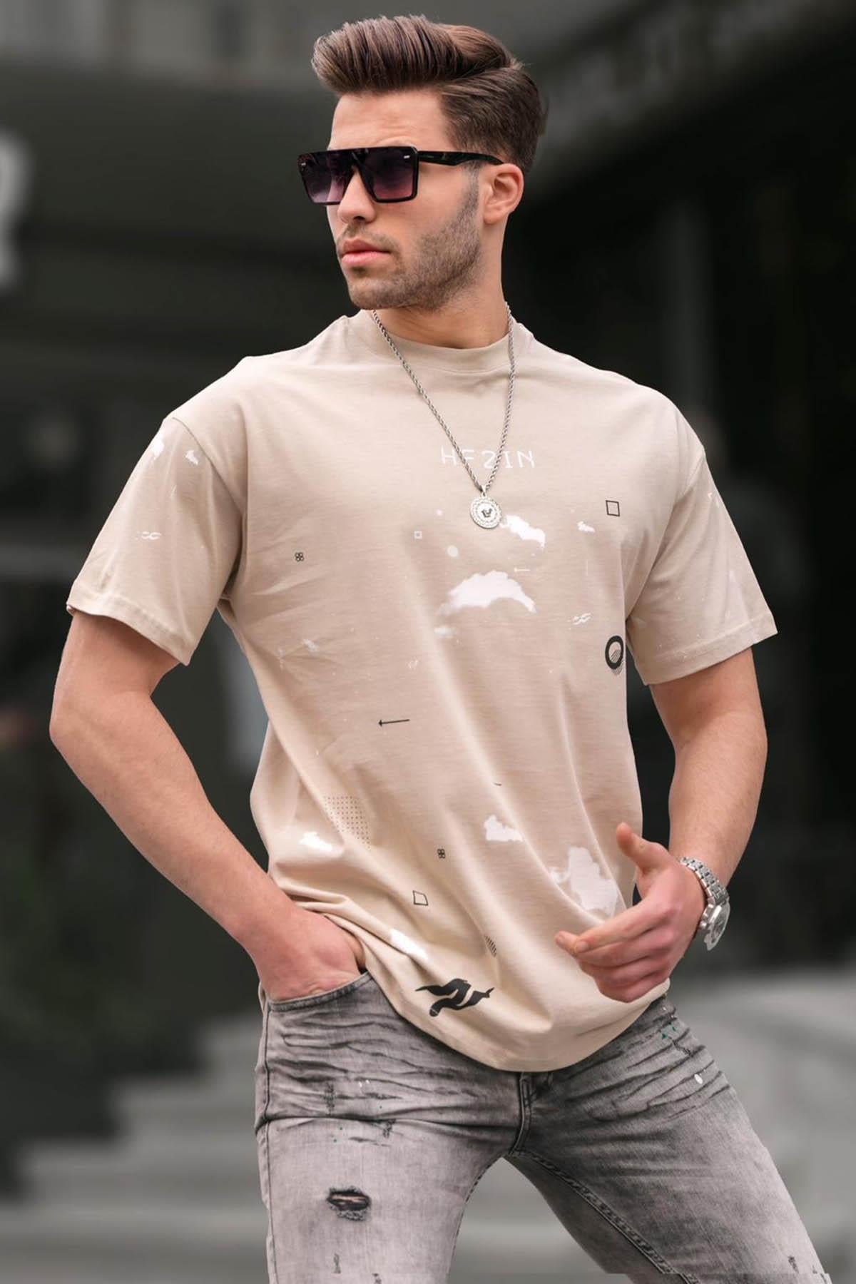 Bisiklet Yaka Regular Fit Bej Desenli Erkek Tişört 6115