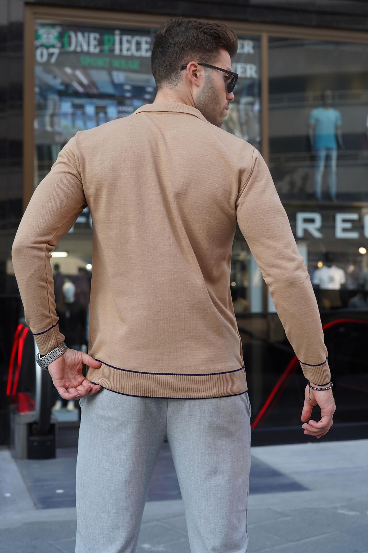 Bisküvi Desenli Fermuarlı Polo Yaka Triko Erkek Kazak 6823
