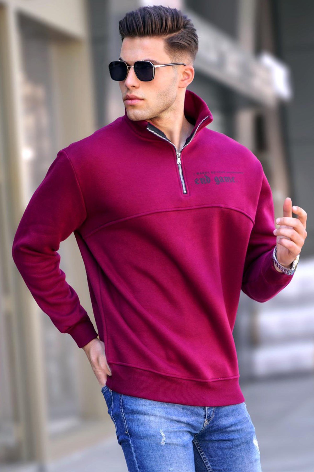 Bordo Baskılı Fermuarlı Sweatshirt 6001