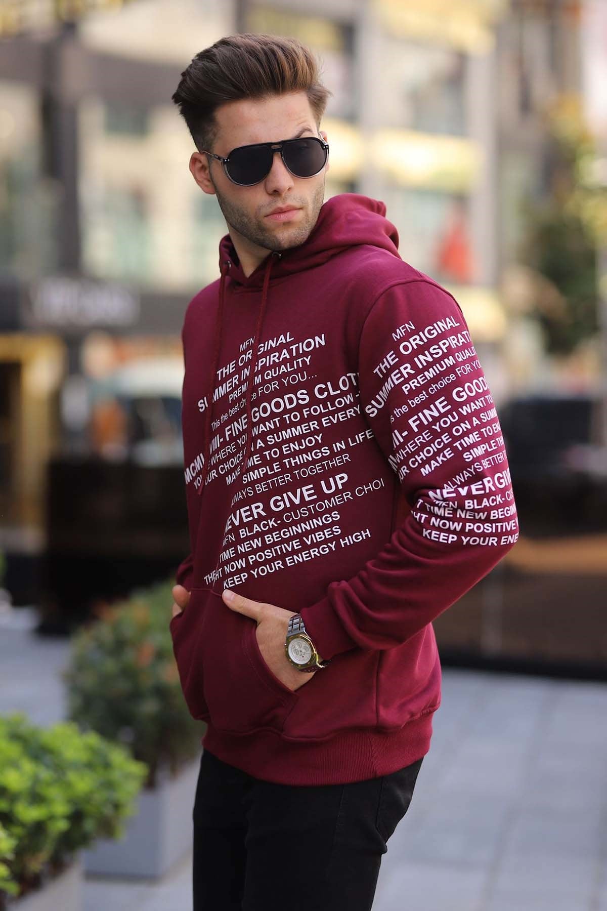 Bordo Baskılı Kapüşonlu Sweatshirt 6009