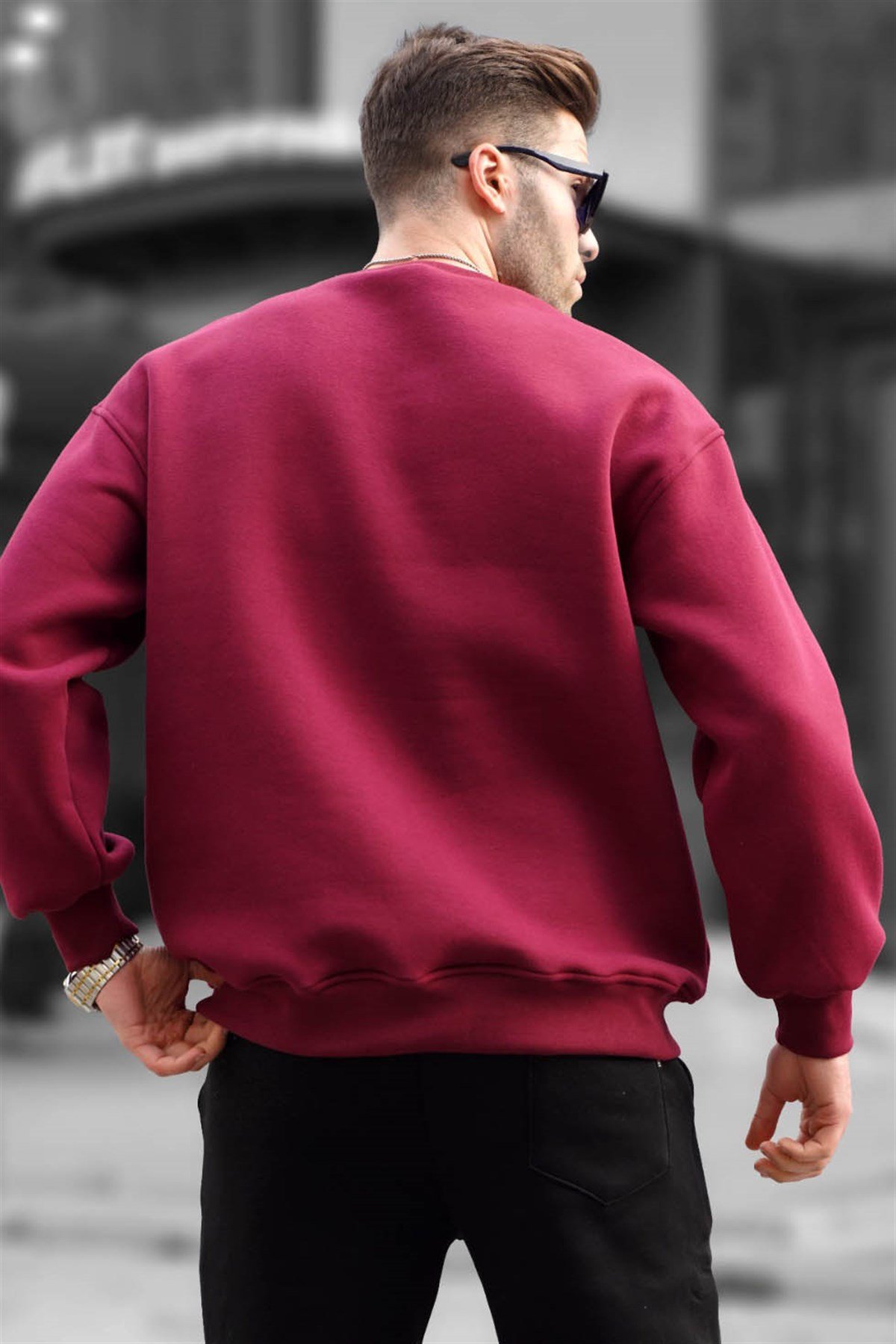 Bordo Bisiklet Yaka Oversize Şardonlu Basic Erkek Sweatshirt 6048
