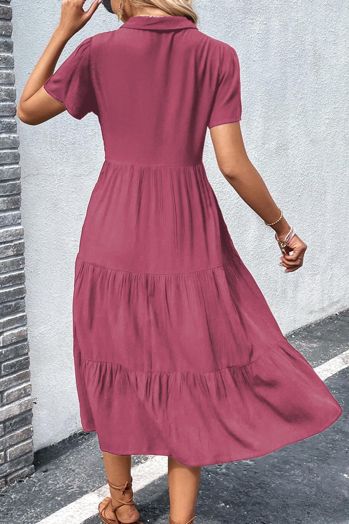 Bordo Gömlek Yaka Uzun Elbise MG1853