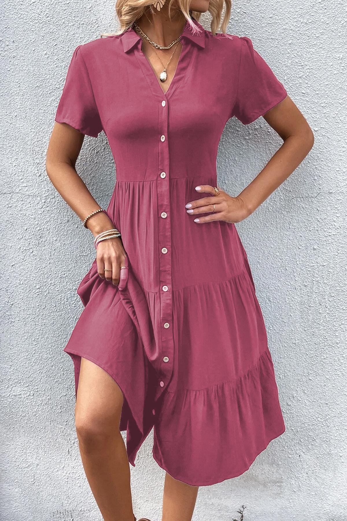 Bordo Gömlek Yaka Uzun Elbise MG1853