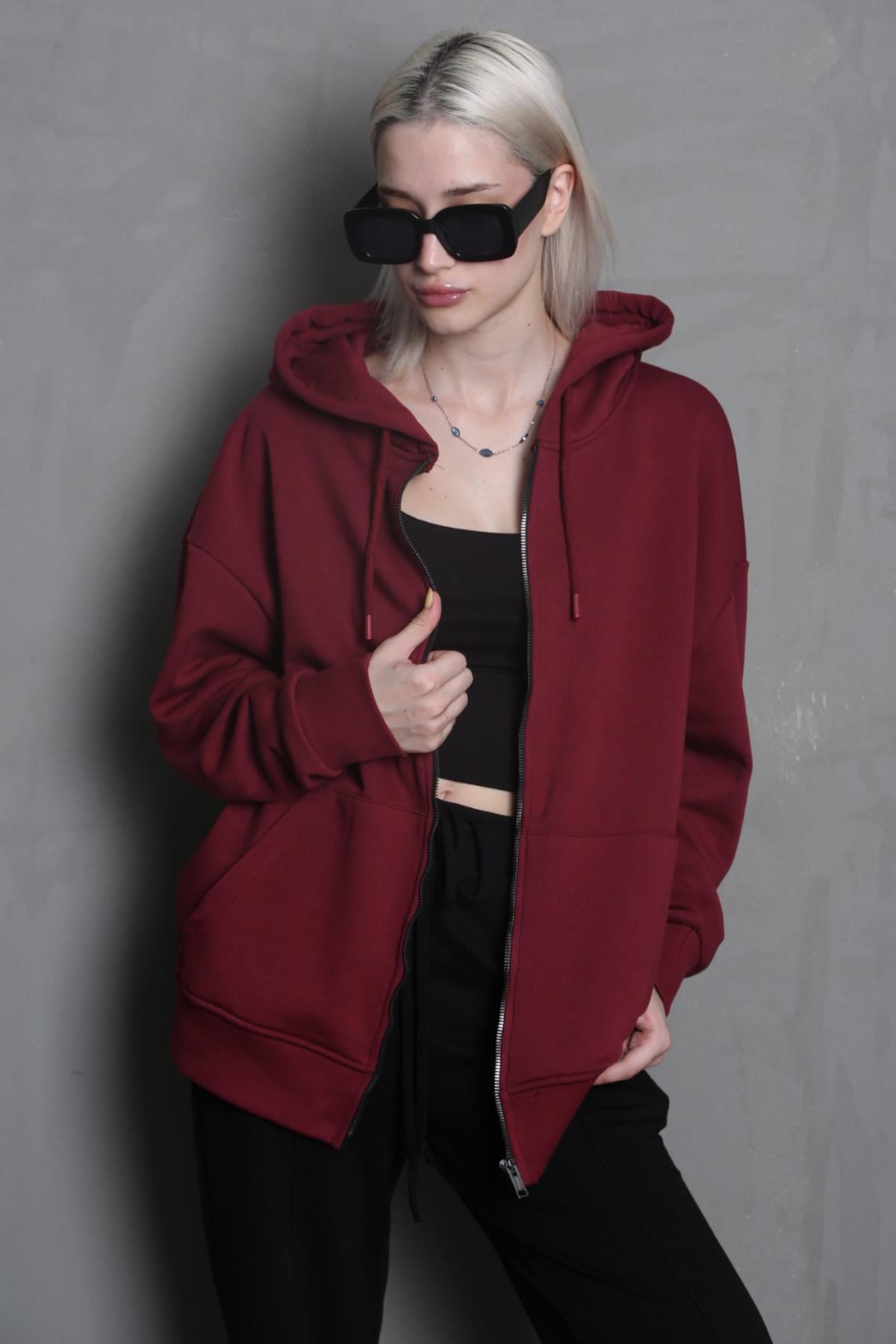 Bordo Kapüşonlu Basic Sweatshirt MG1900