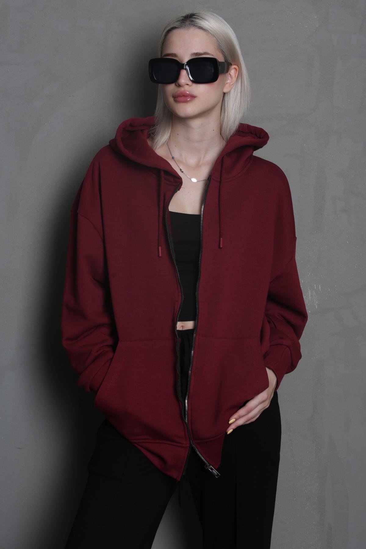 Bordo Kapüşonlu Basic Sweatshirt MG1900