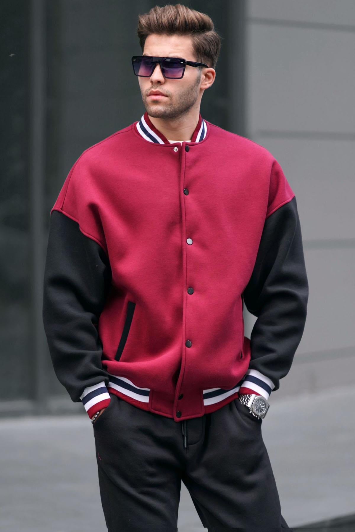 Bordo Oversize Baskılı Kolej Ceket 6153