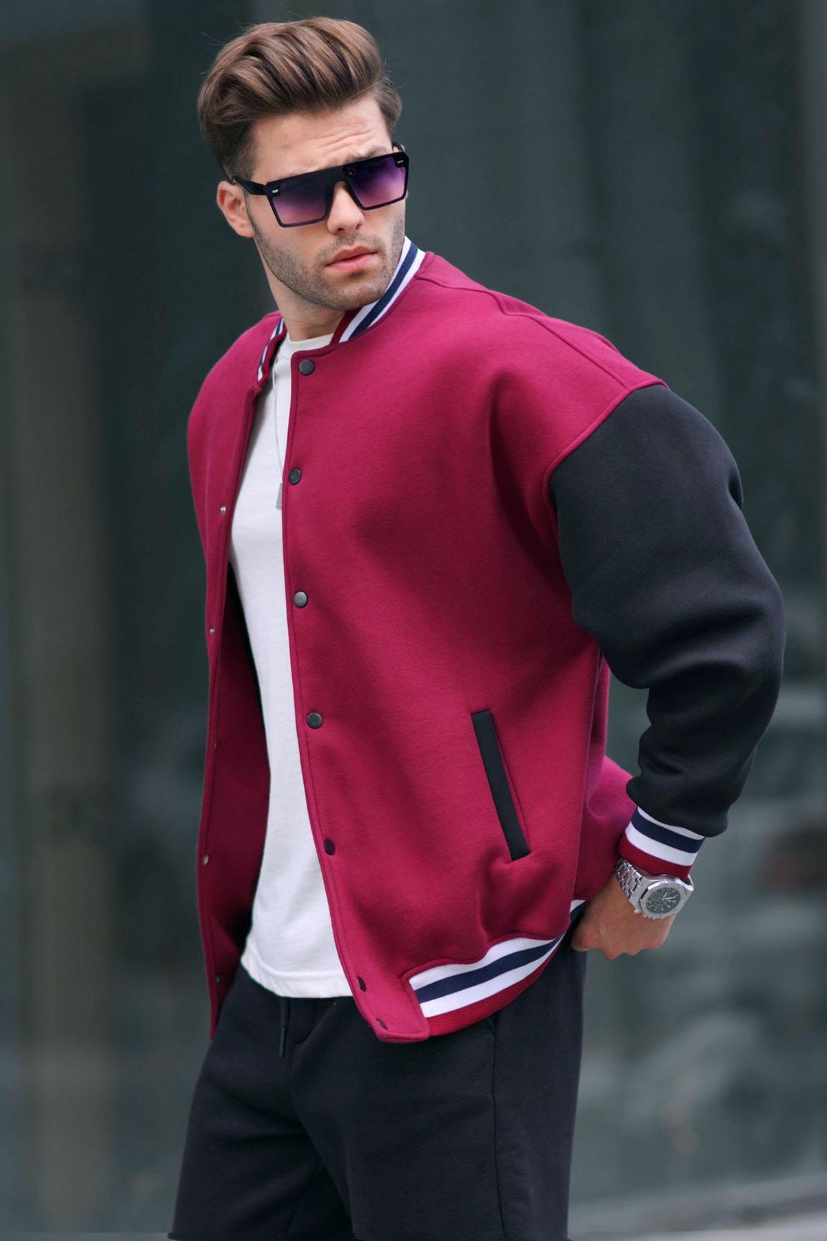 Bordo Oversize Baskılı Kolej Ceket 6153