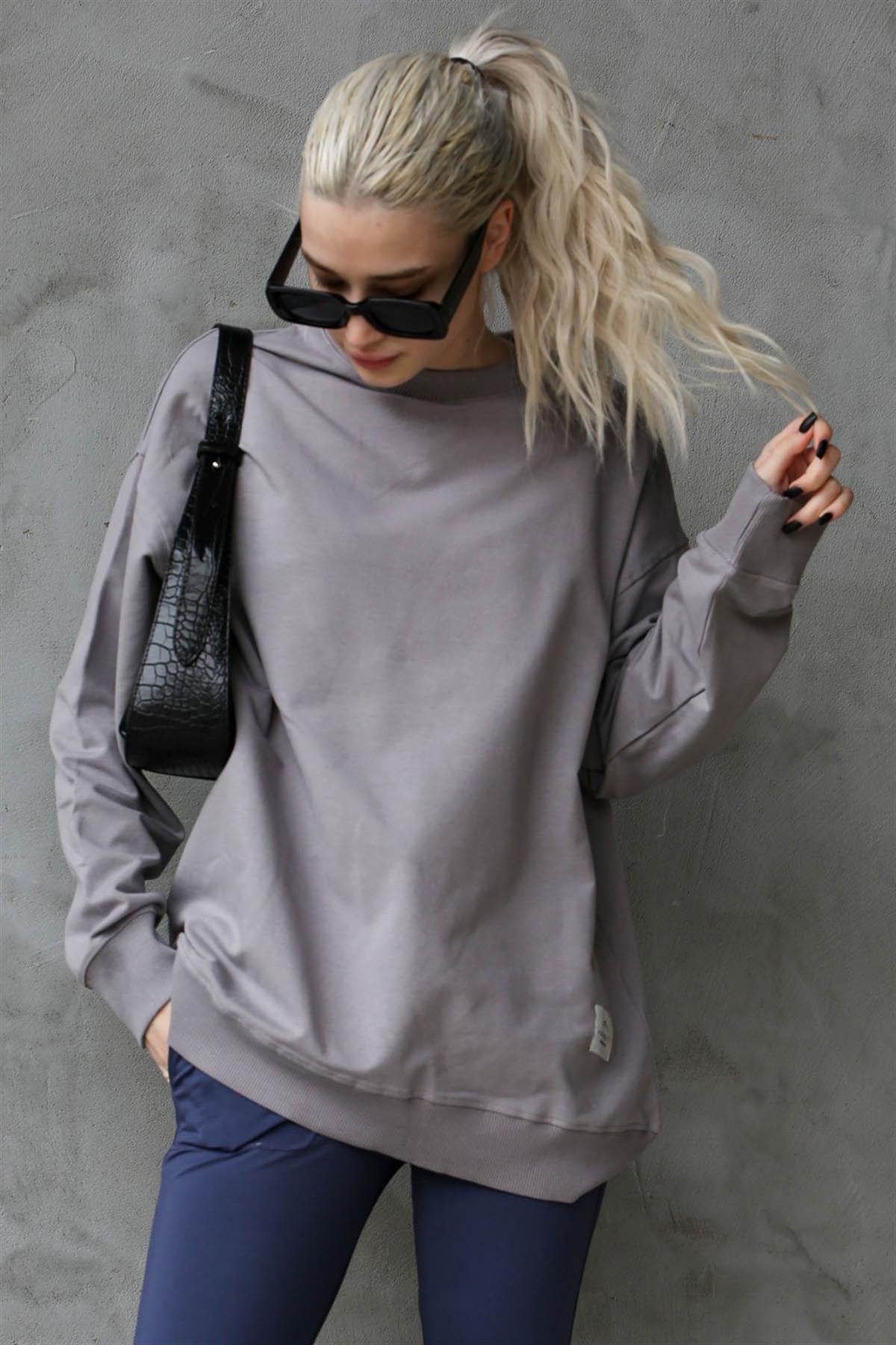 Boyalı Gri Basic Oversize Kadın Sweatshirt MG1686