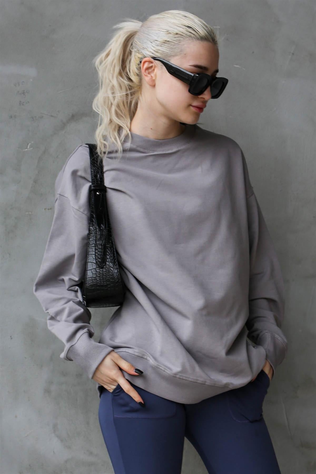 Boyalı Gri Basic Oversize Kadın Sweatshirt MG1686