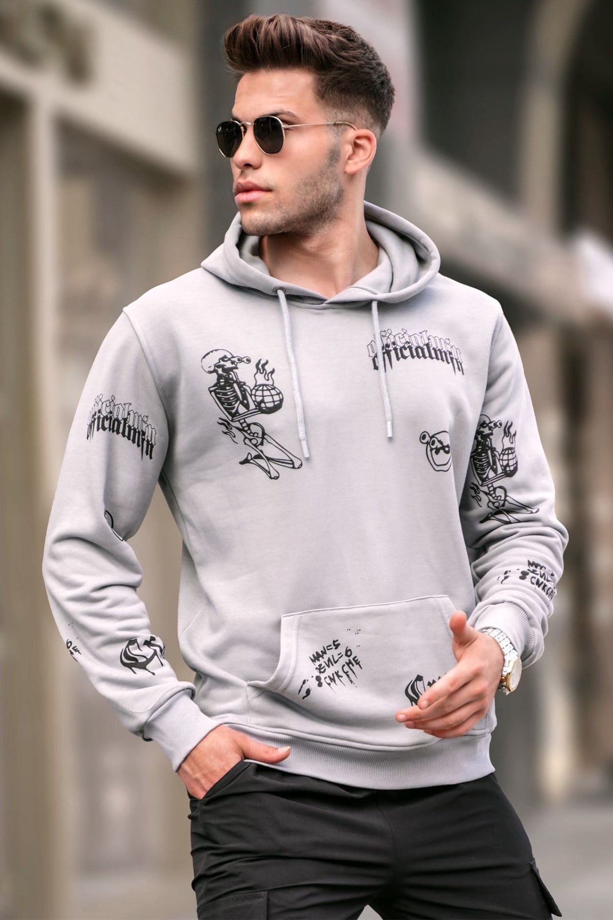 Boyalı Gri Baskılı Kapüşonlu Sweatshirt 5895
