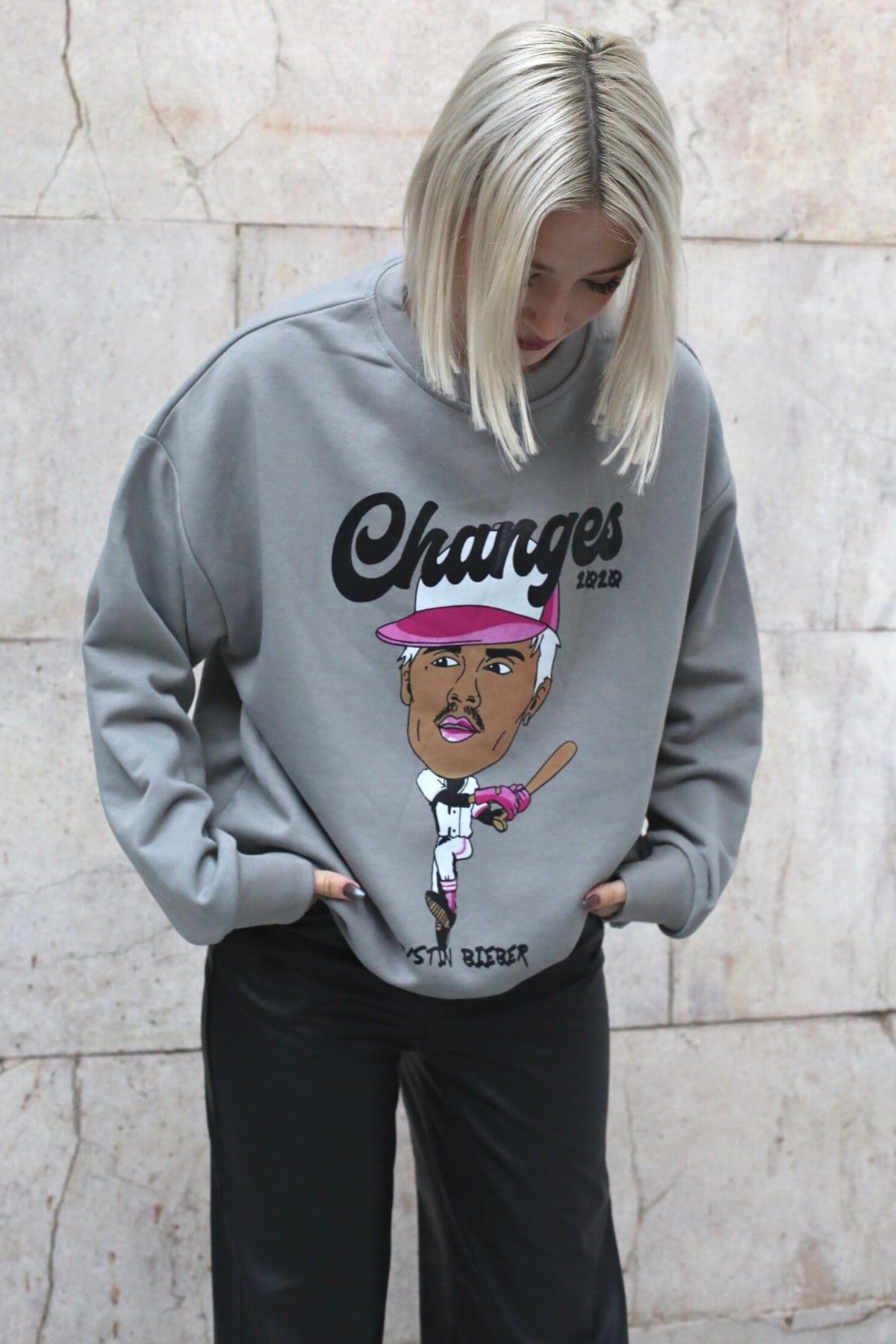 Boyalı Gri Baskılı Oversize Sweatshirt MG1578