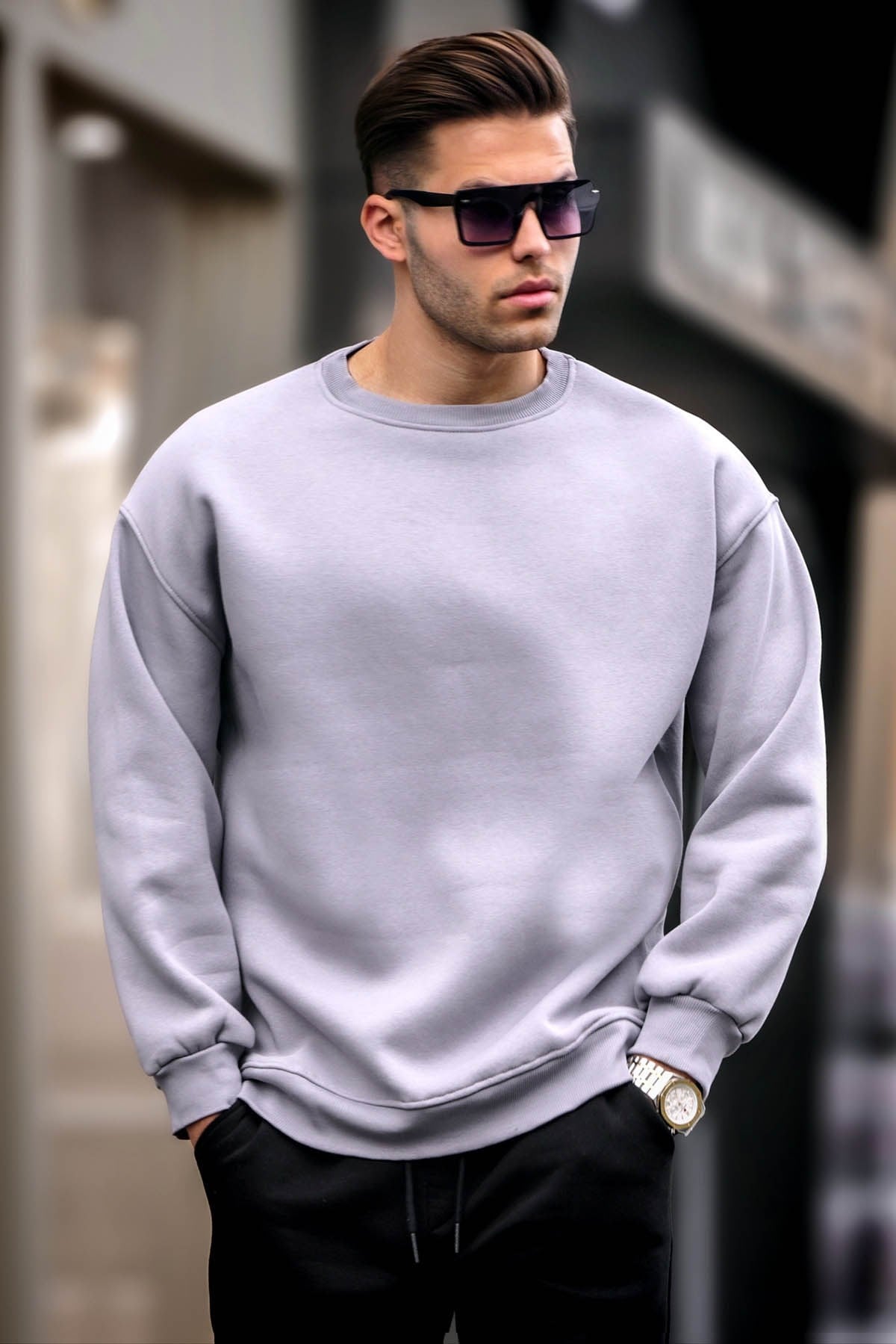 Boyalı Gri Bisiklet Yaka Oversize Şardonlu Basic Erkek Sweatshirt 6048