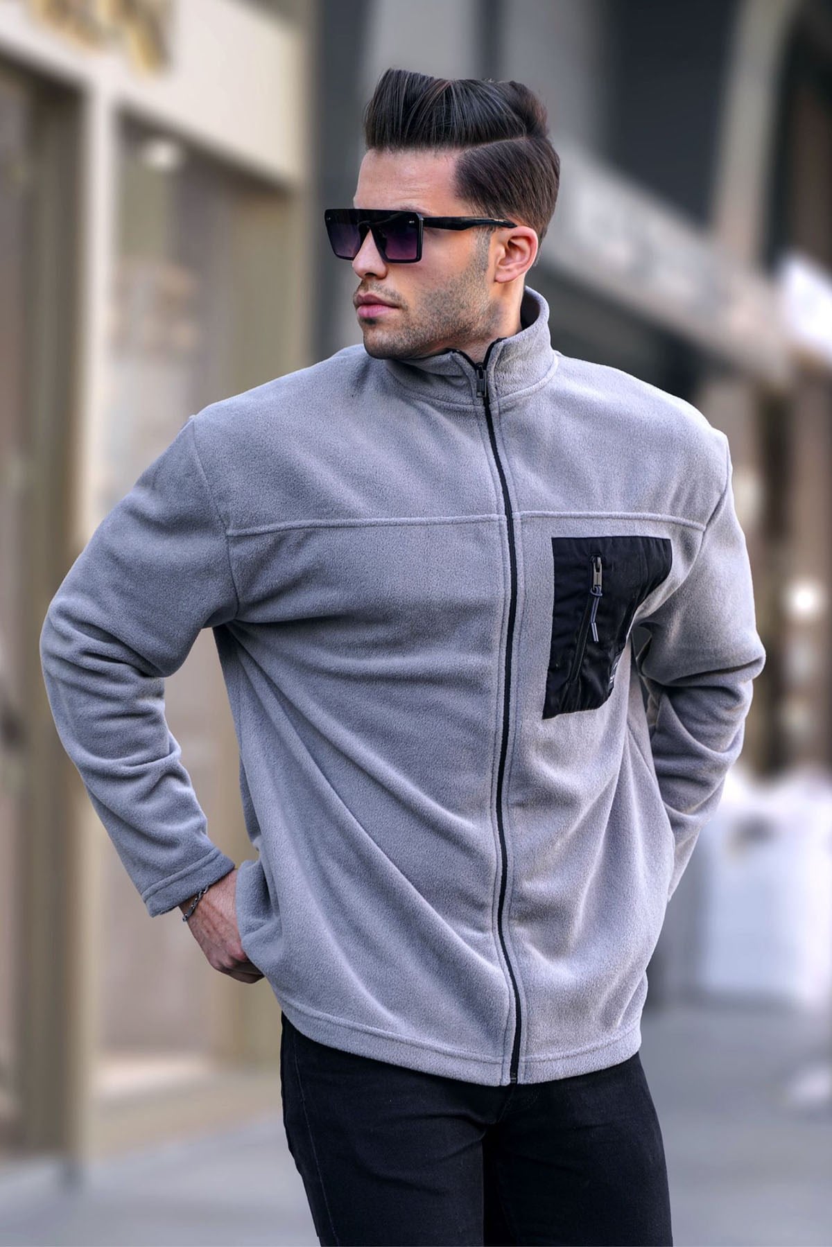 Boyalı Gri Cep Detaylı Fermuarlı Polar Sweatshirt  6046