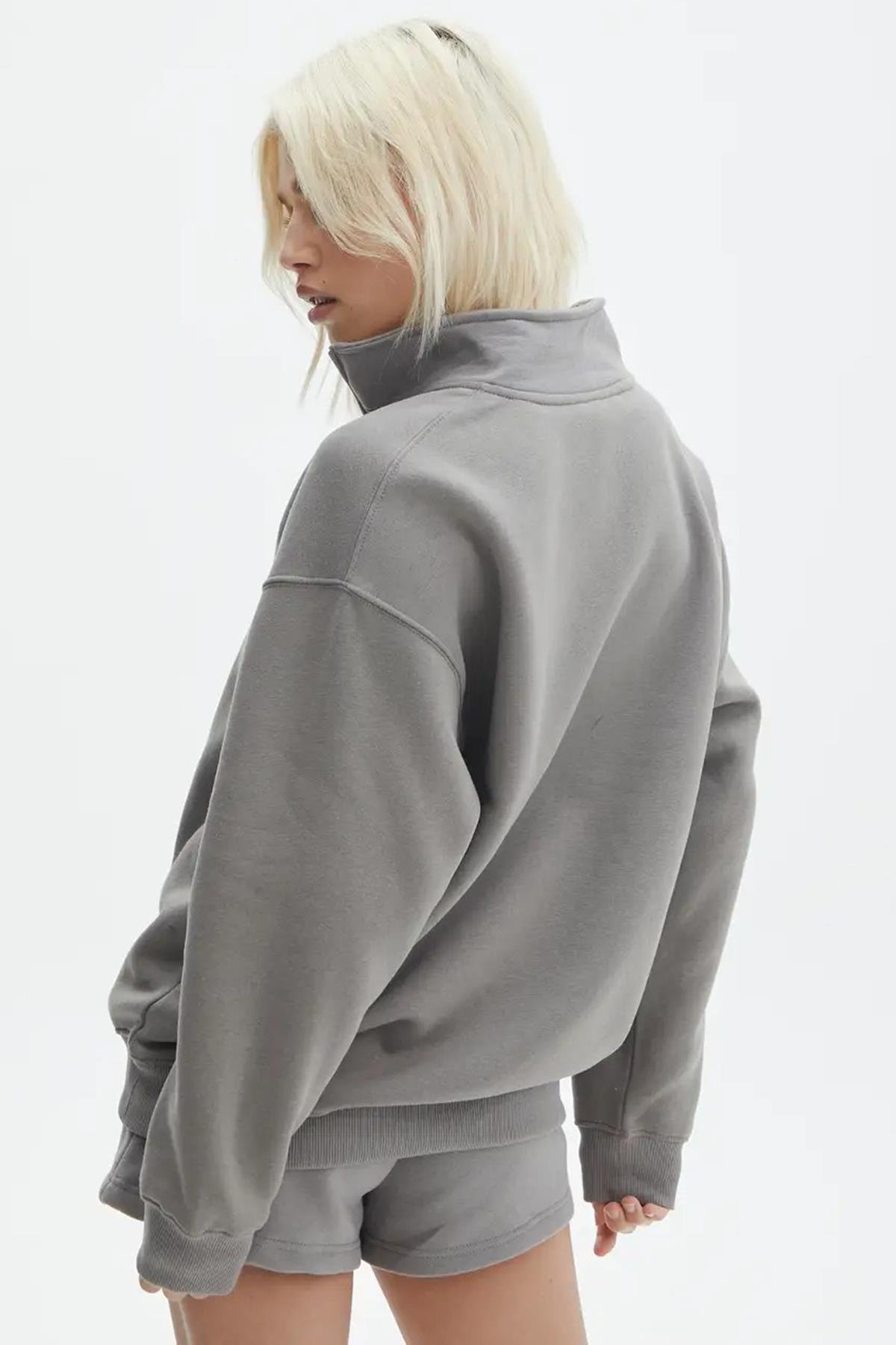 Boyalı Gri Fermuar Detaylı Oversize Sweatshirt MG1933