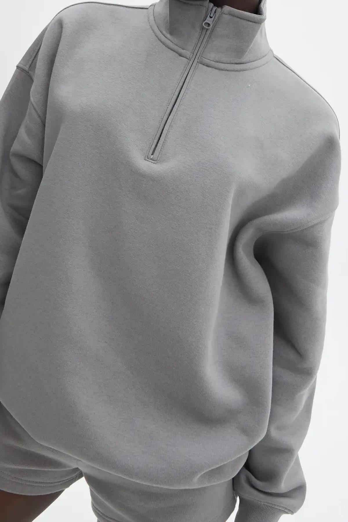 Boyalı Gri Fermuar Detaylı Oversize Sweatshirt MG1933