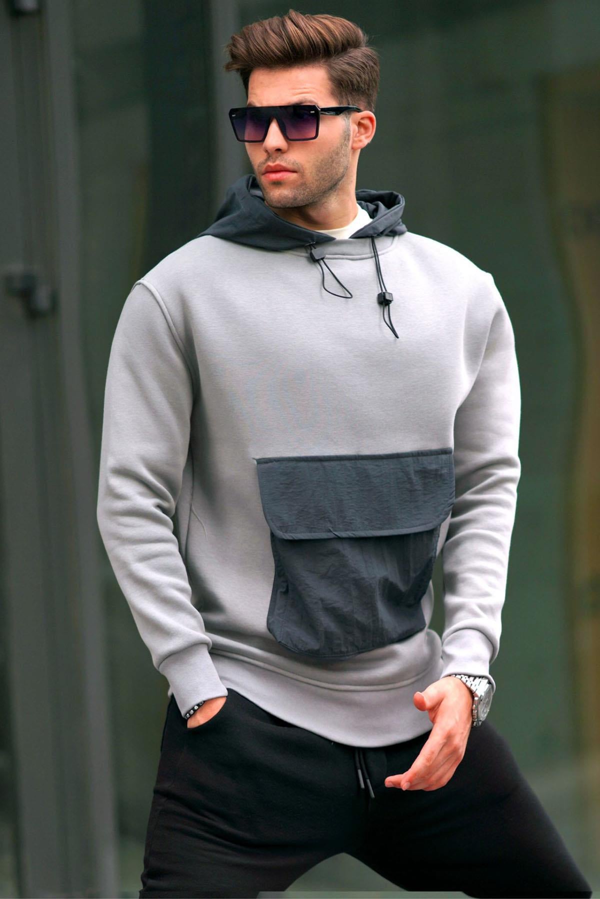 Boyalı Gri Kanguru Cep Kapüşonlu Erkek sweatshirt 6138