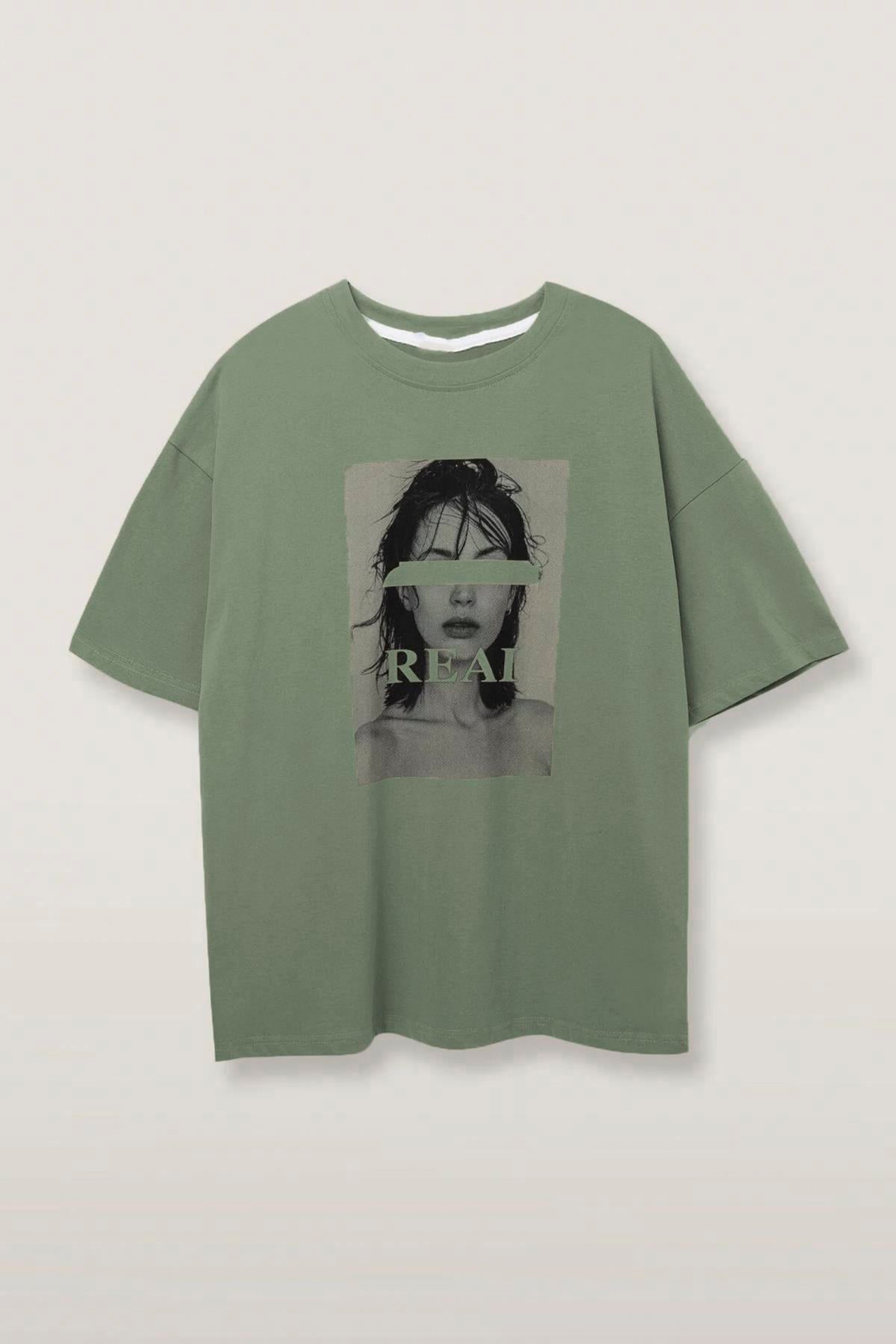 Mint Yeşili Oversize Baskılı Kadın Tişört MG1764