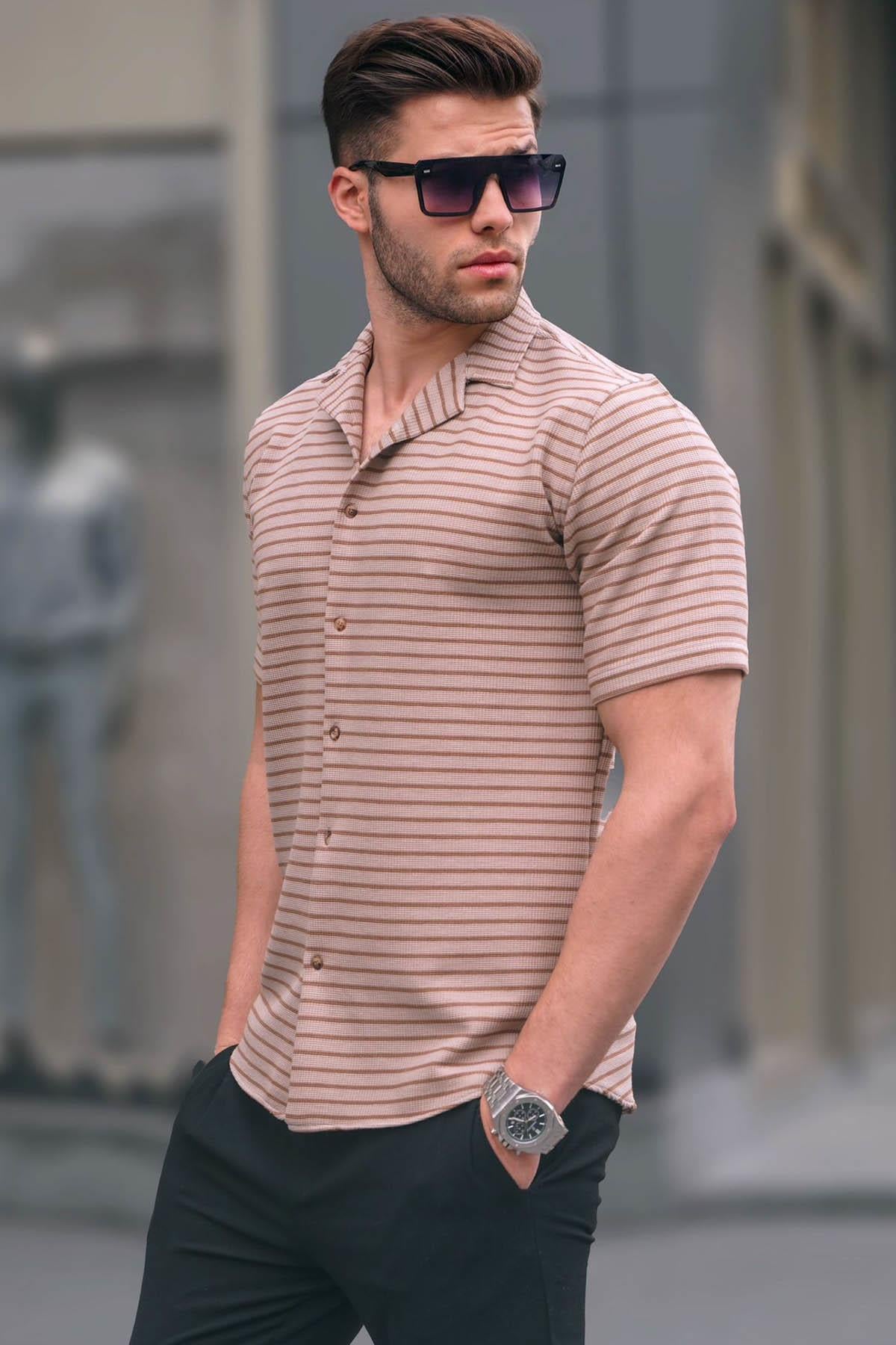 Camel Çizgili Slim Fit Erkek Kısa Kol Gömlek 5591
