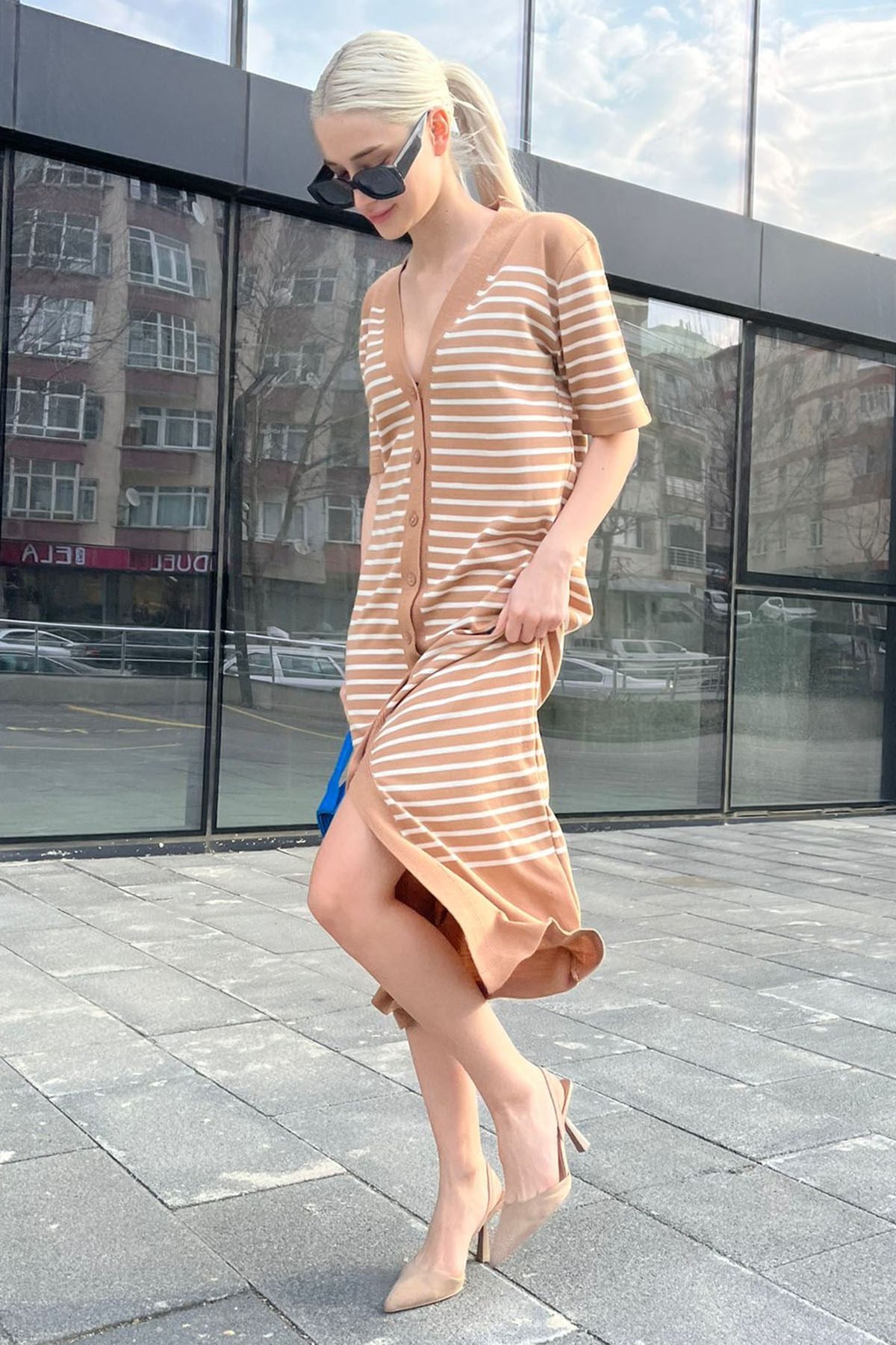 Camel Düğmeli Triko Kadın Elbise MG1648