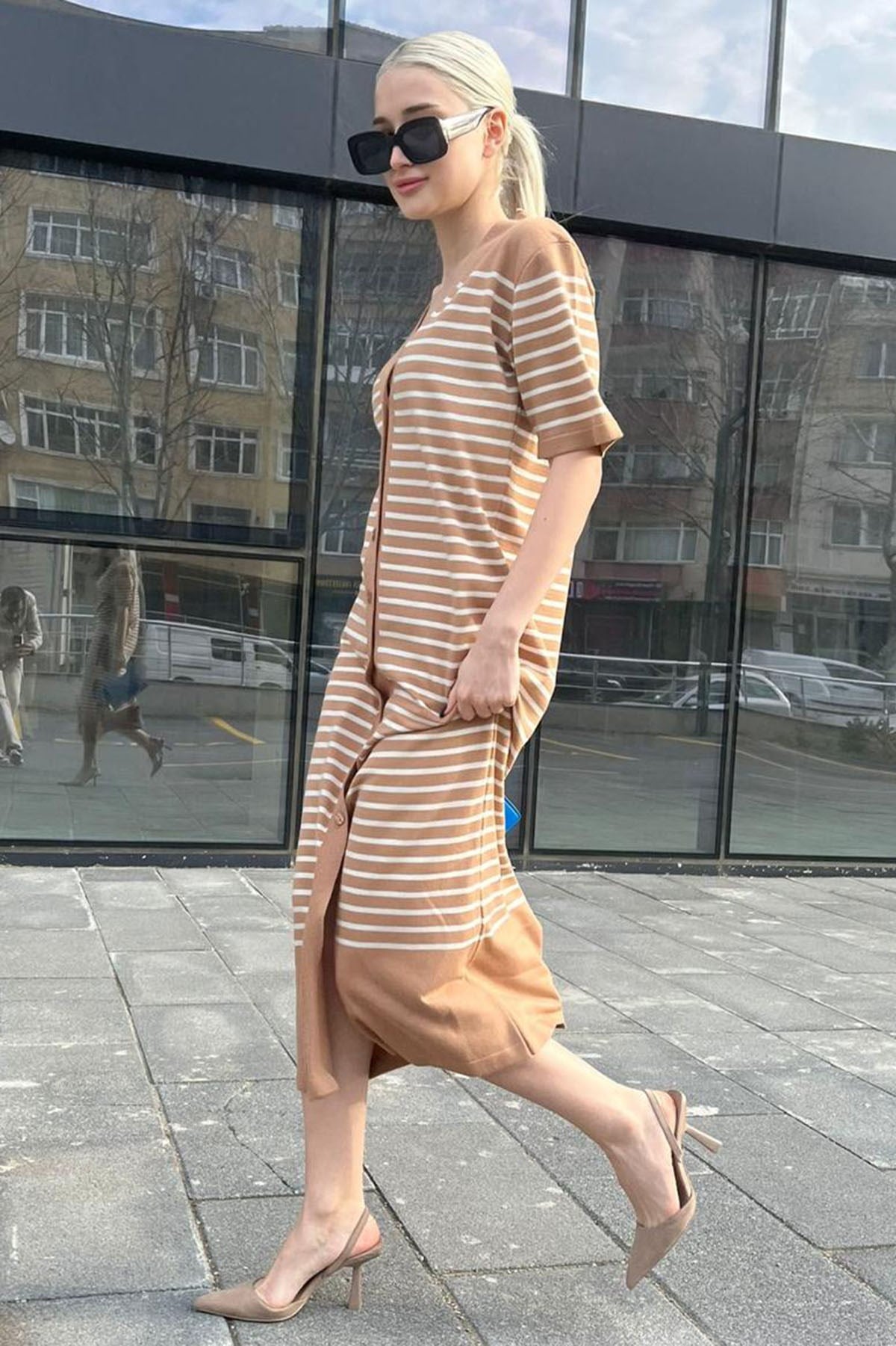 Camel Düğmeli Triko Kadın Elbise MG1648