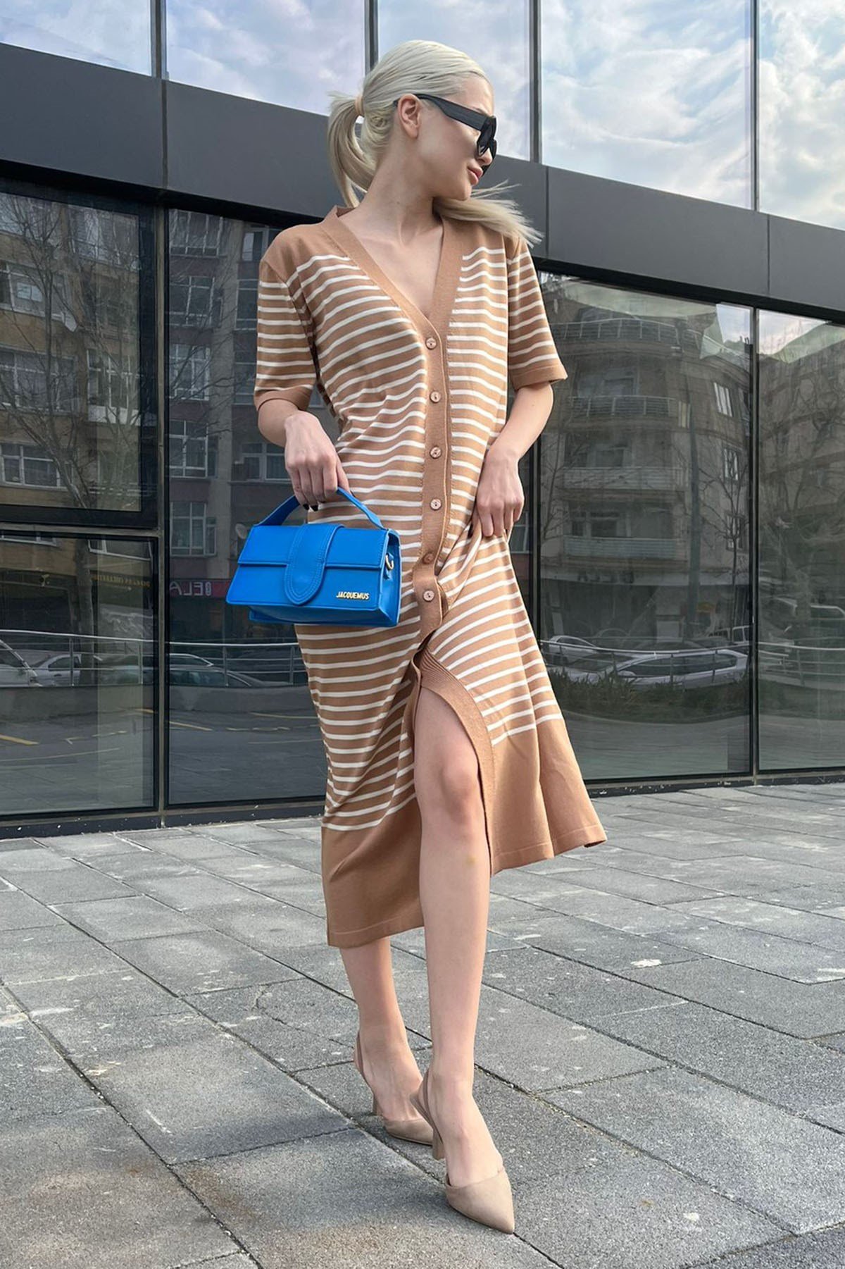 Camel Düğmeli Triko Kadın Elbise MG1648