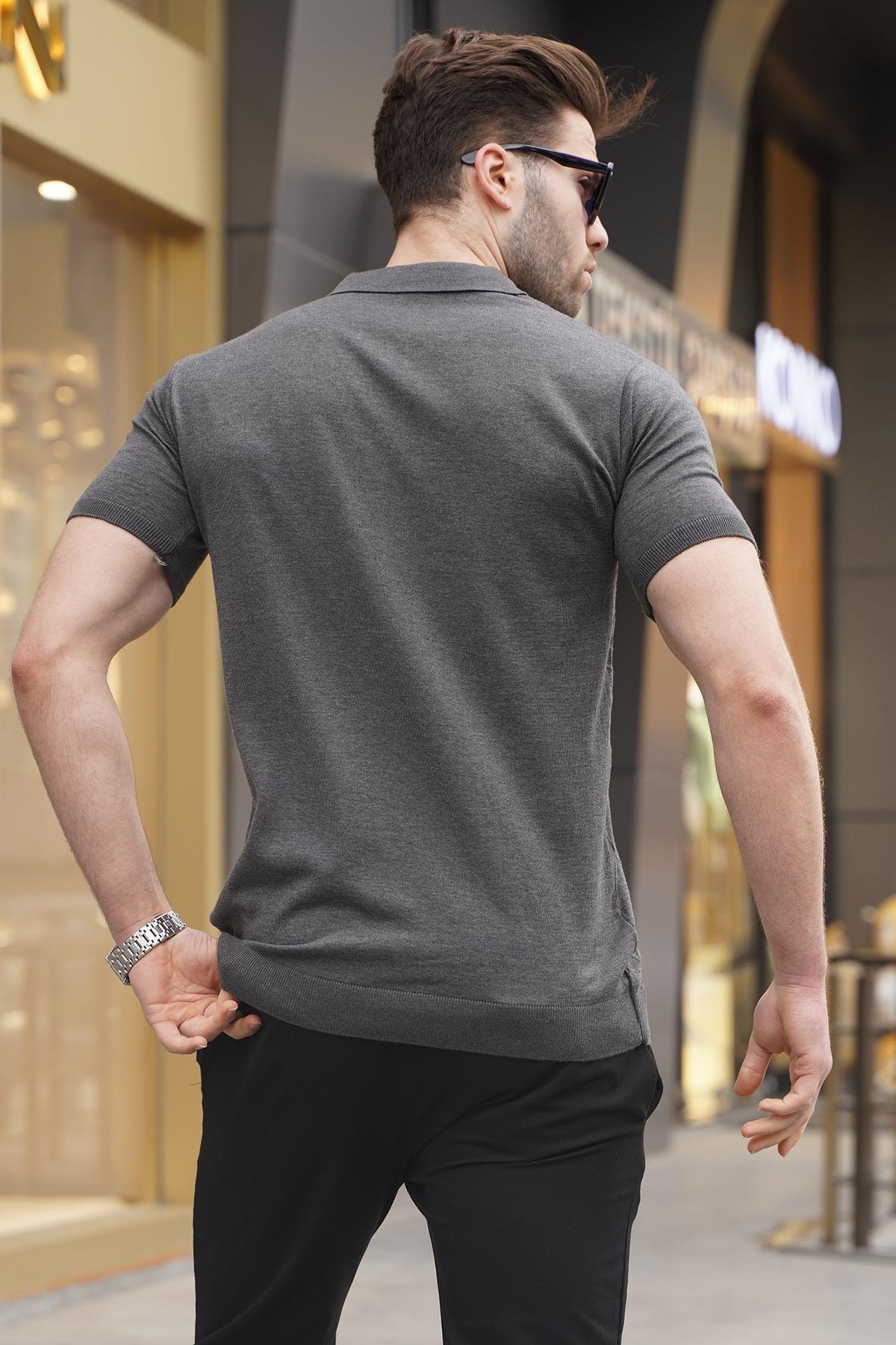 Desenli Triko Antrasit Polo Yaka Tişört 6357