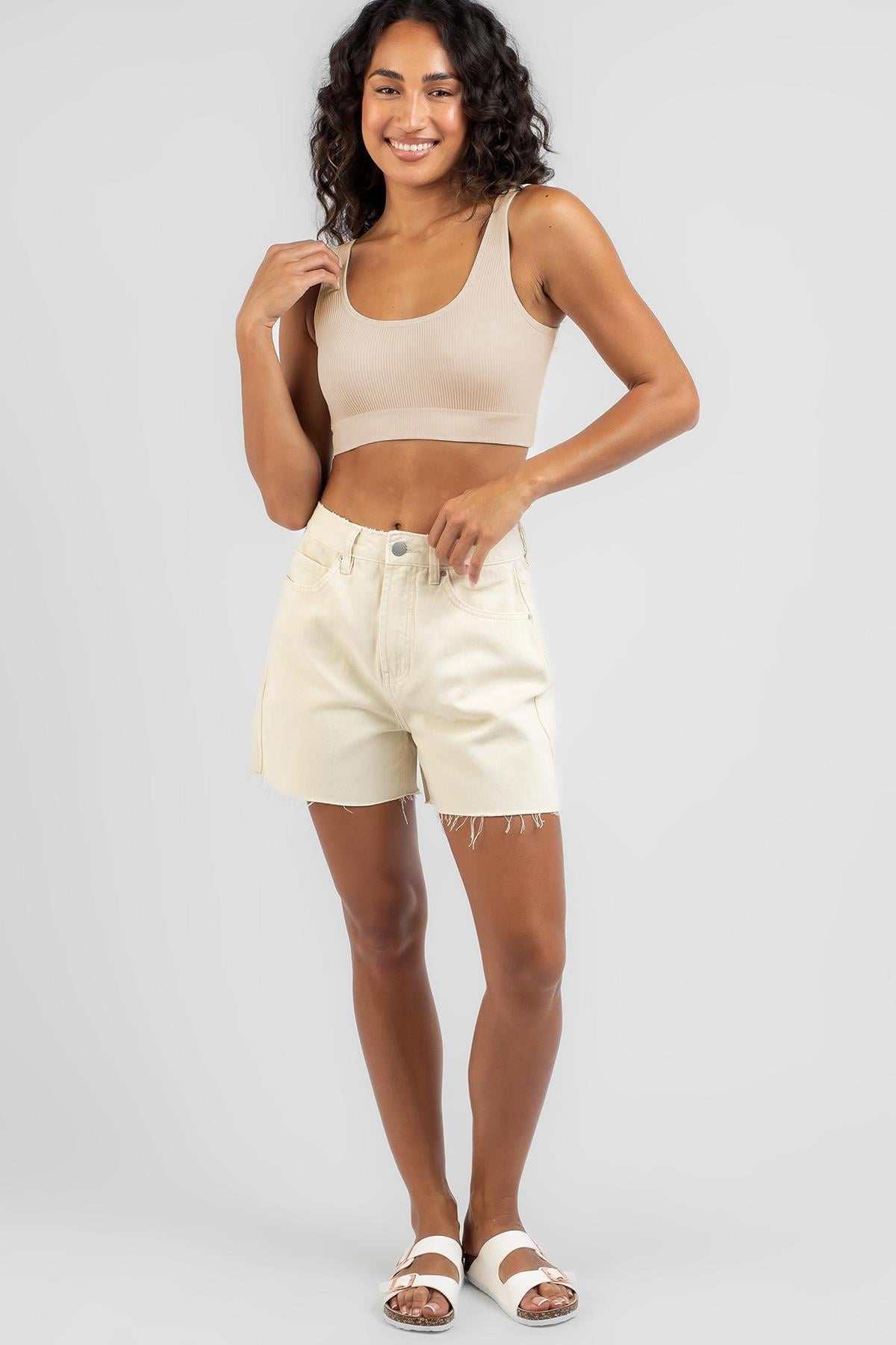 Ekru Askılı Basic Crop Top Bluz MG1757
