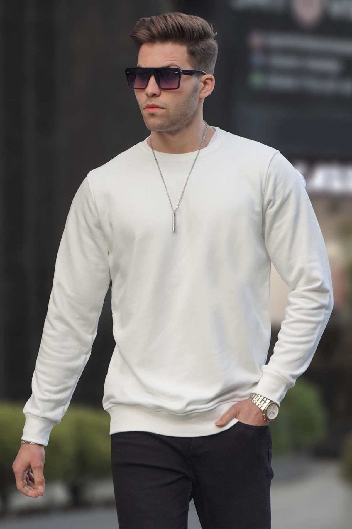Ekru Basic Bisiklet Yaka Erkek Sweatshirt 6047