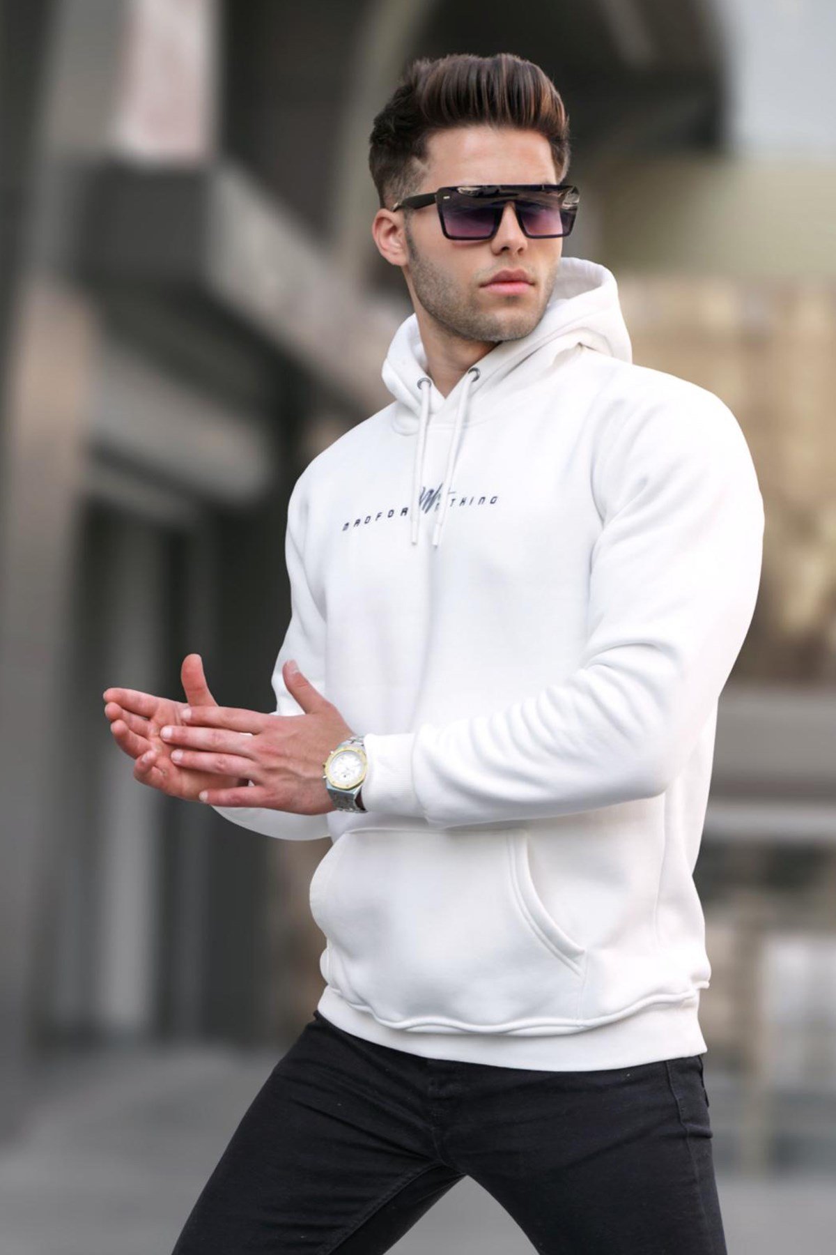 Ekru Basic Kapüşonlu Sweatshirt 6002