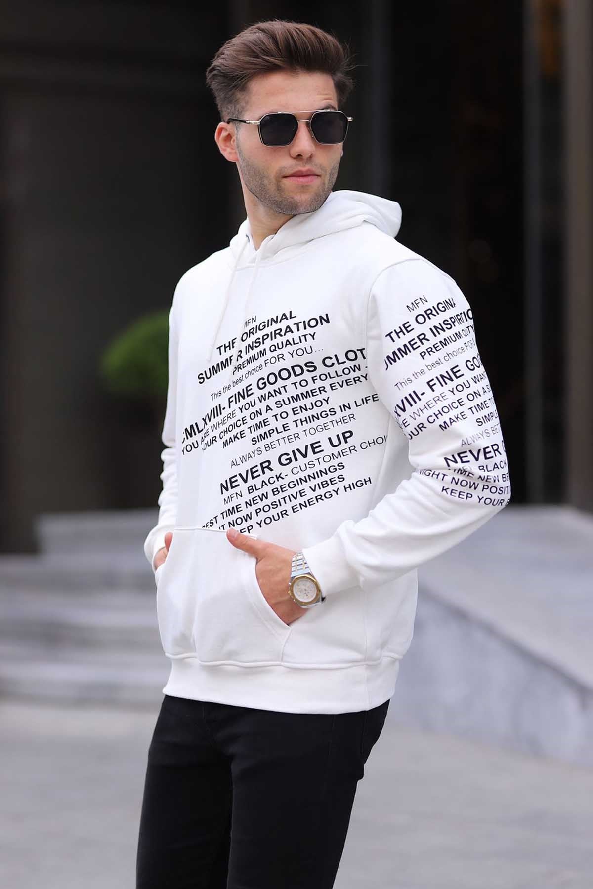 Ekru Baskılı Kapüşonlu Sweatshirt 6009