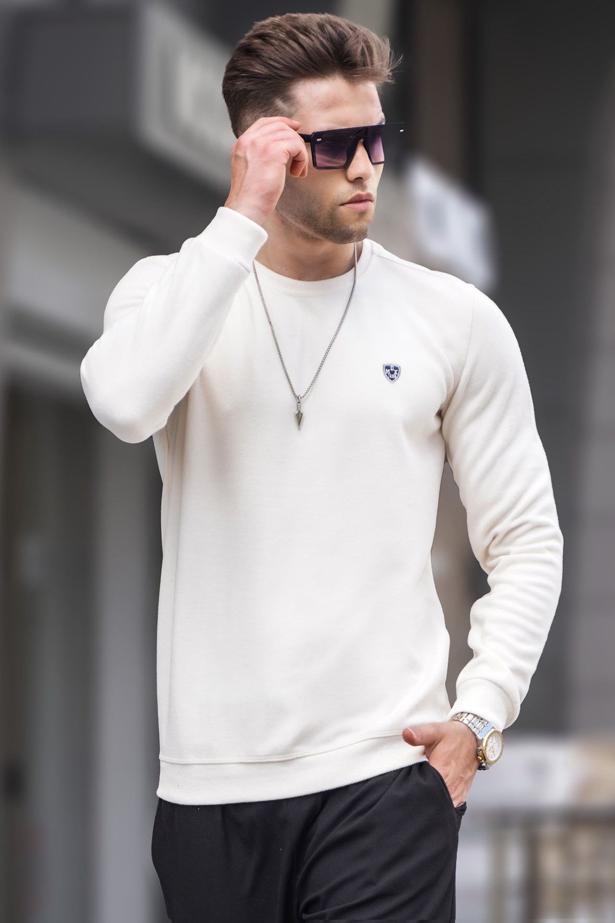 Ekru Bisiklet Yaka Regular Fit Basic Sweatshirt 5799