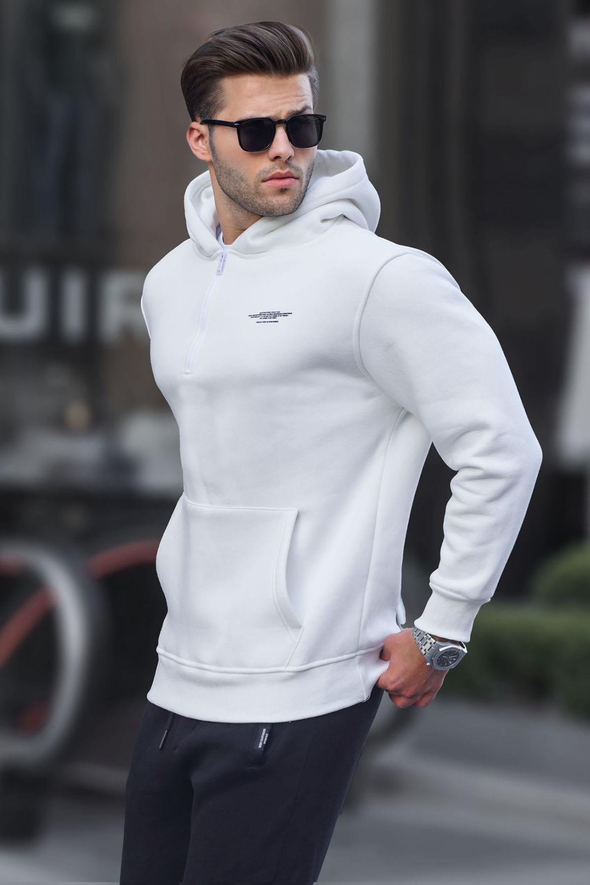 Ekru Fermuarlı Kapüşonlu Sweatshirt 6143