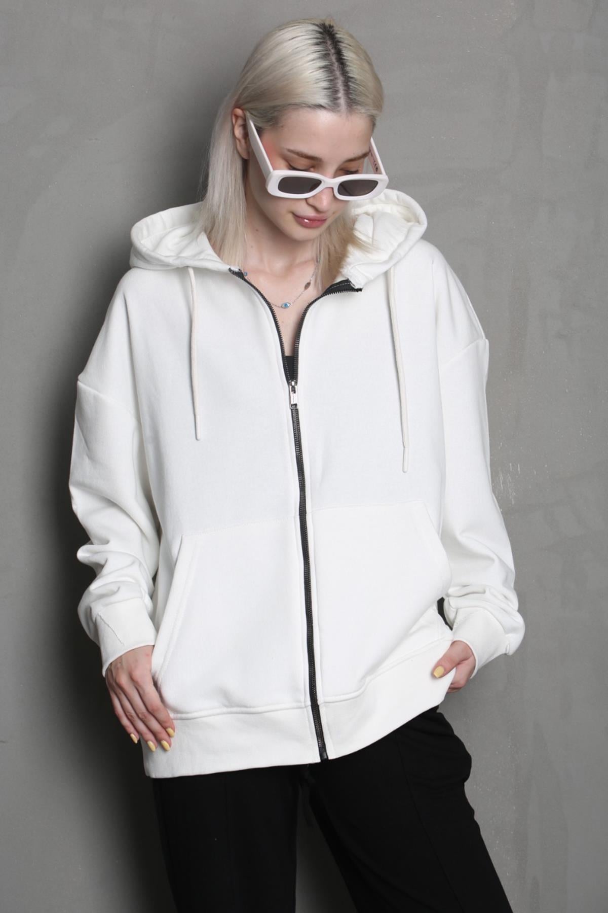Ekru Kapüşonlu Basic Sweatshirt MG1900