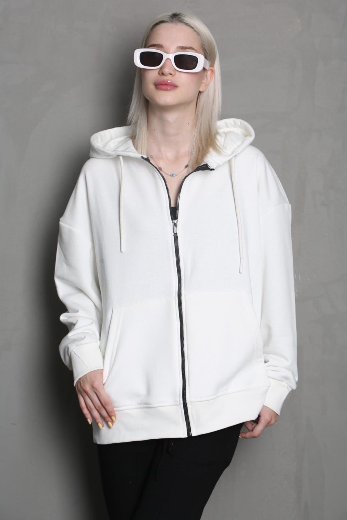 Ekru Kapüşonlu Basic Sweatshirt MG1900