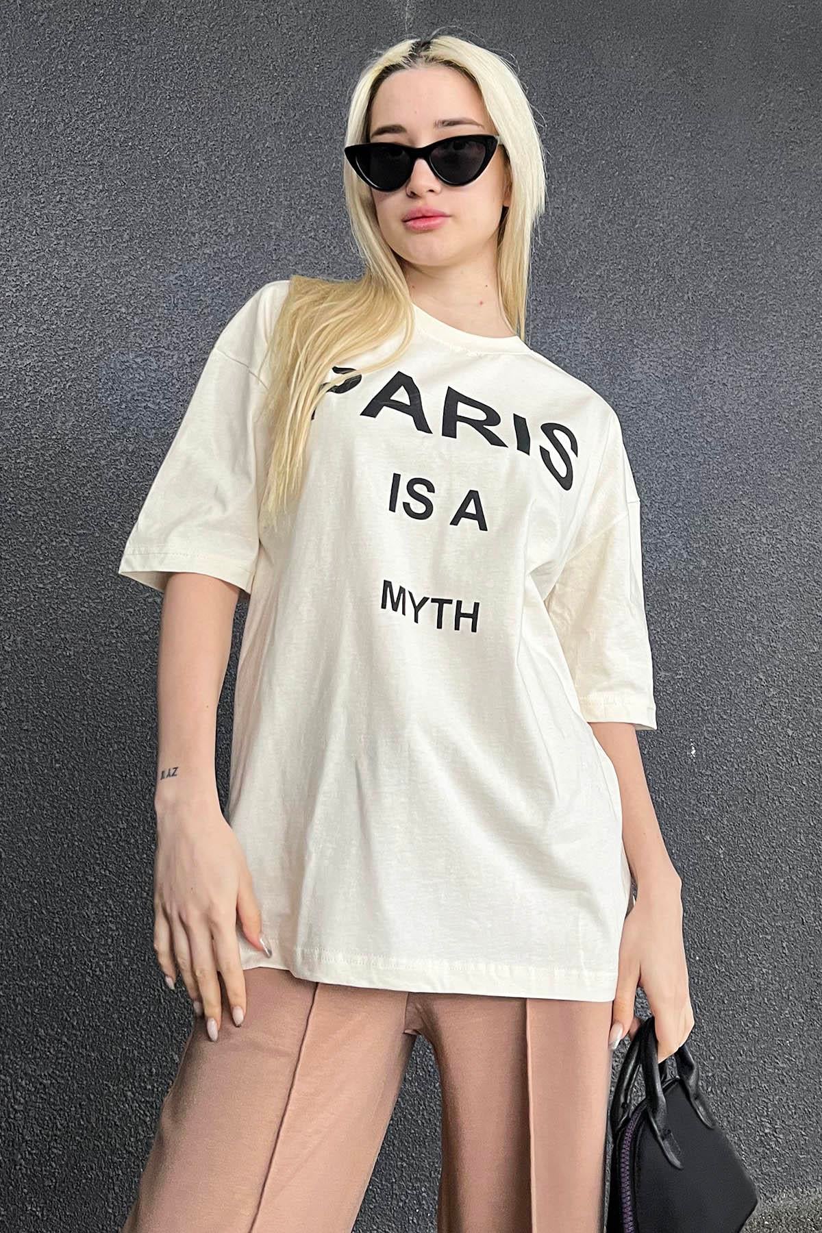 Ekru Paris Baskılı Kadın Tişört MG1654