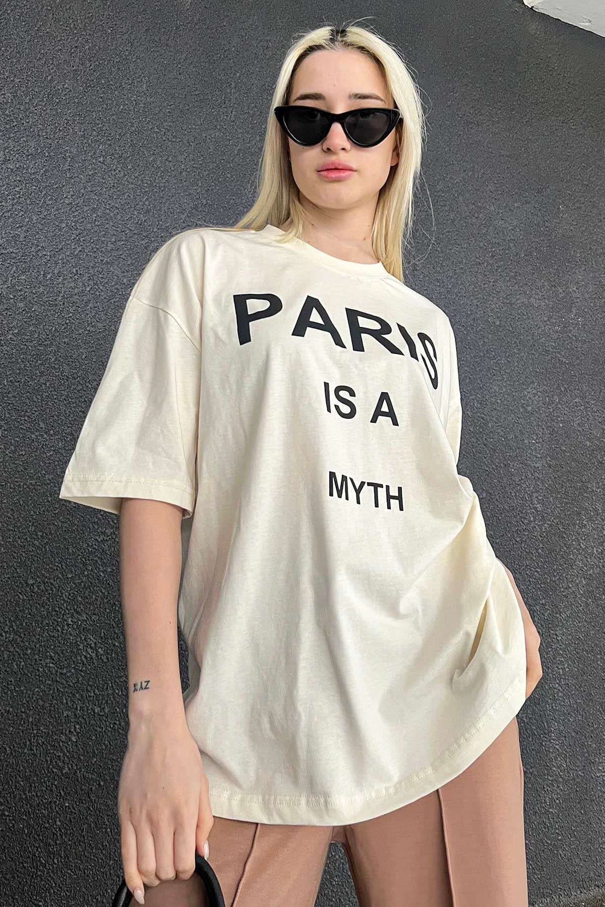 Ekru Paris Baskılı Kadın Tişört MG1654