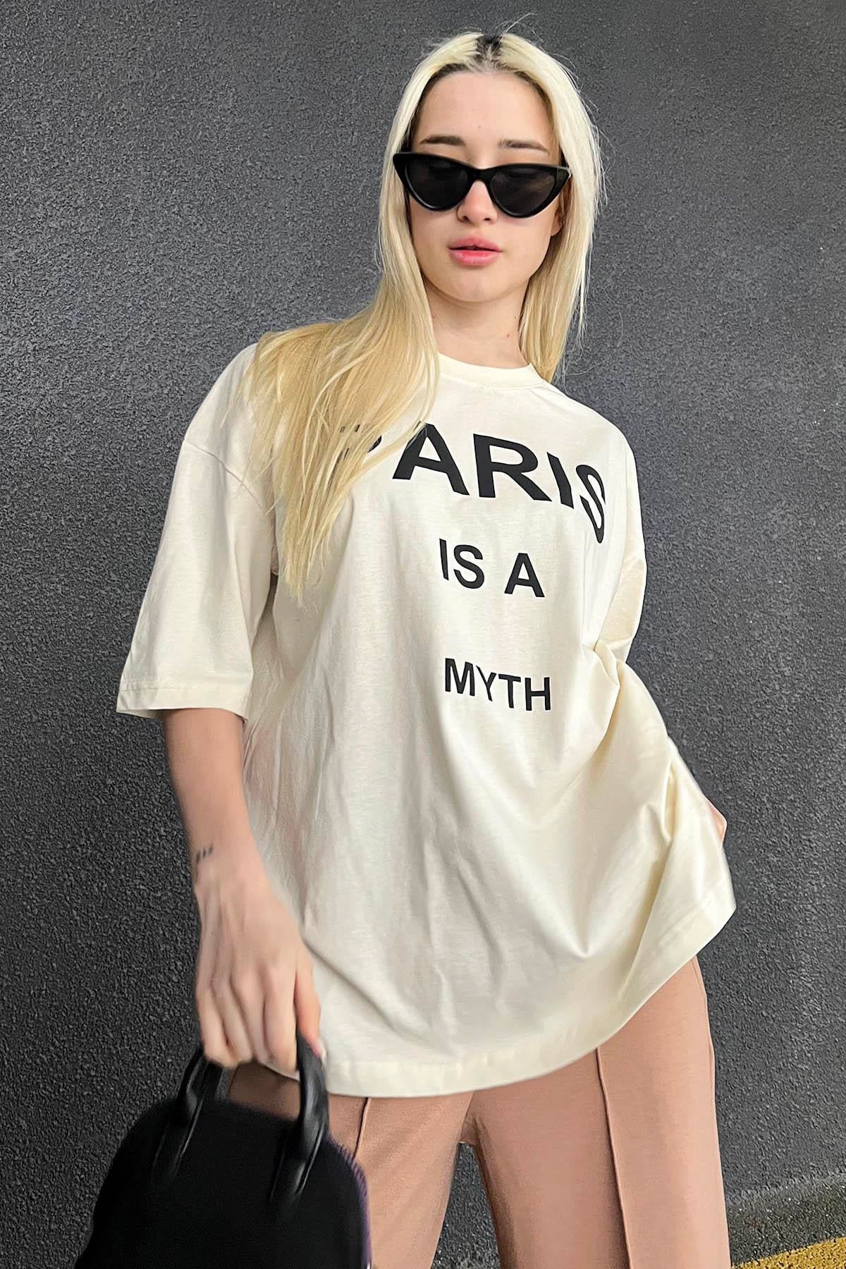 Ekru Paris Baskılı Kadın Tişört MG1654