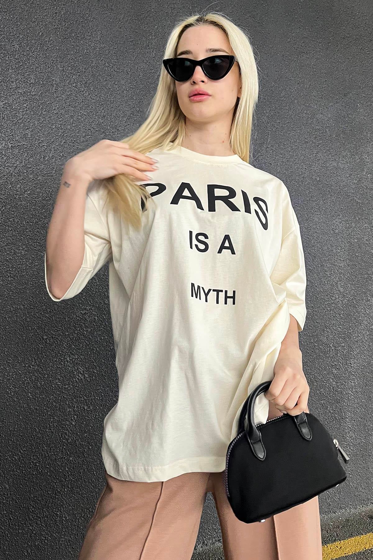 Ekru Paris Baskılı Kadın Tişört MG1654