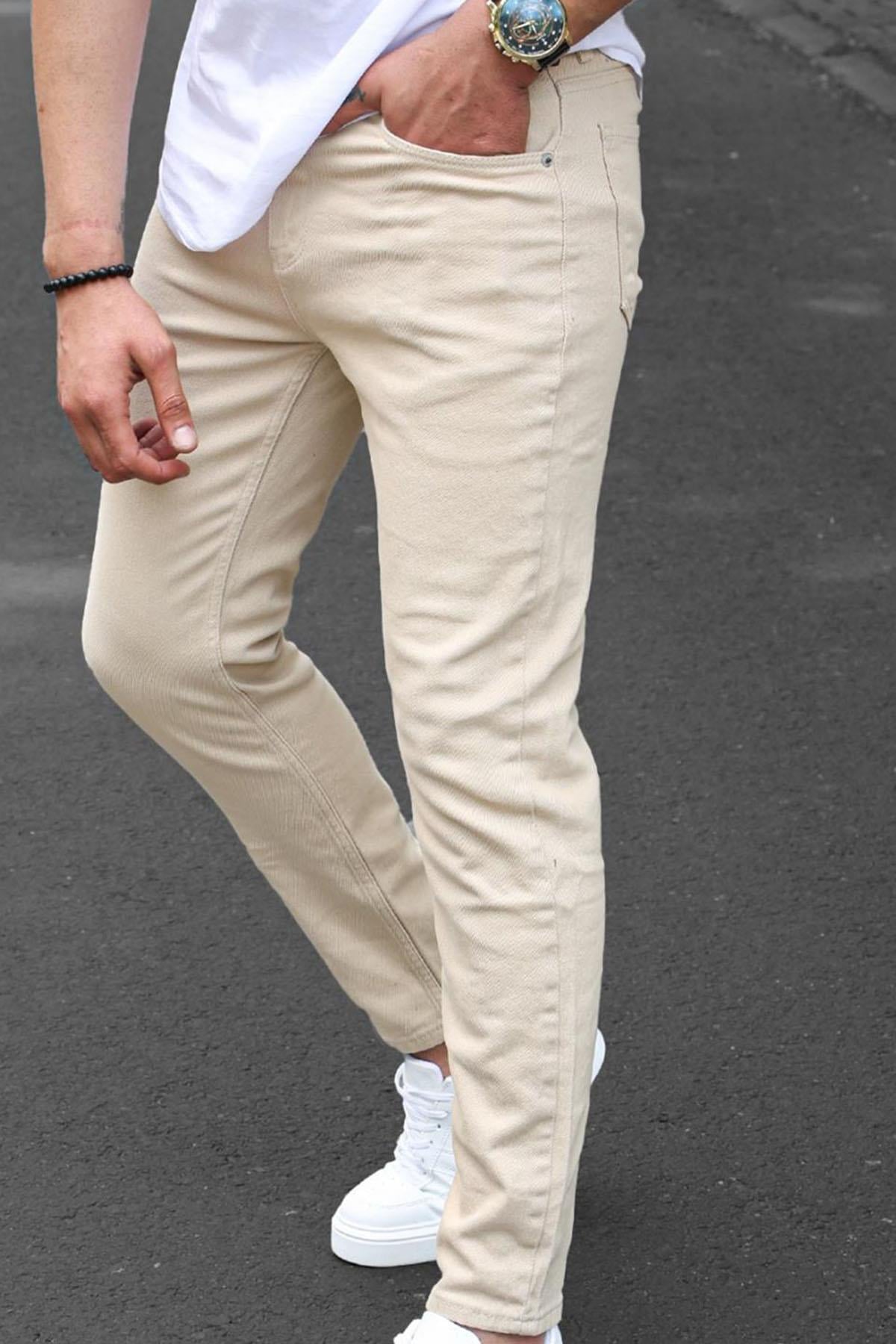 Erkek Bej Kanvas Slim Fit Pantolon