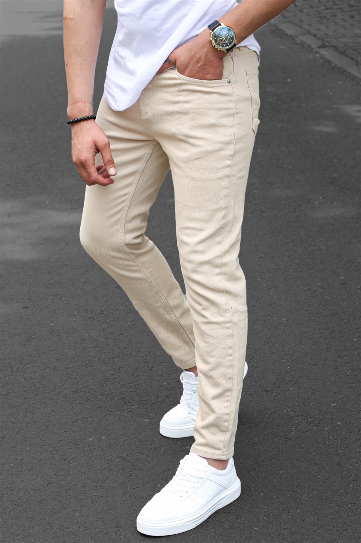 Erkek Bej Kanvas Slim Fit Pantolon