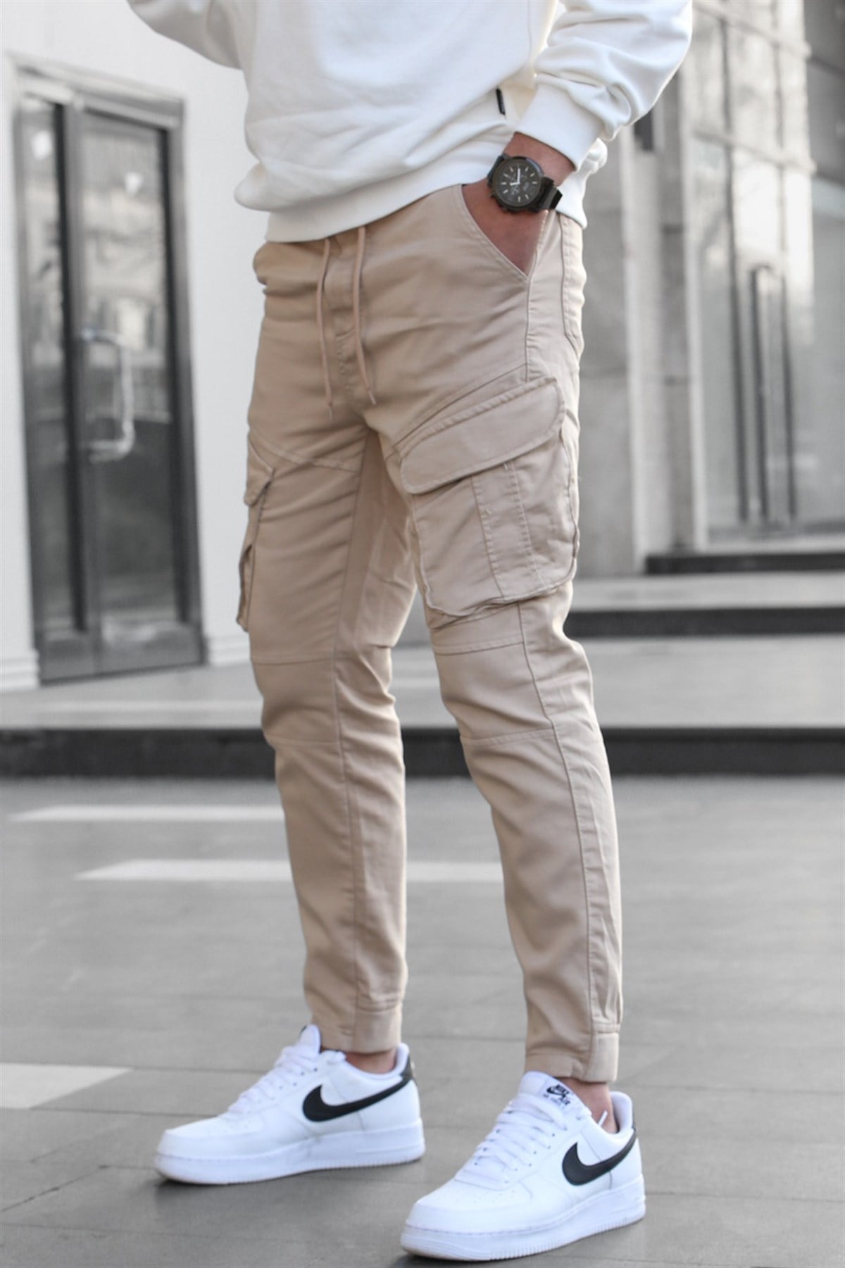 Erkek Bej Slim Fit Kargo Cep Pantolon 5714